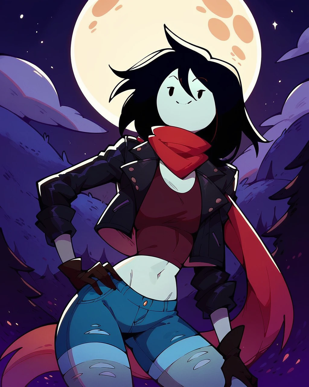 score_9, score_8_up, score_7_up, 1girl, solo, Marceline, Marceline abadeer, grey skin, happy, closed mouth, black leather jacket, gloves, red scarf, hand on hip, pinup, looking at viewer, outdoors, night, moon, <lora:Marceline_PDXL:1>