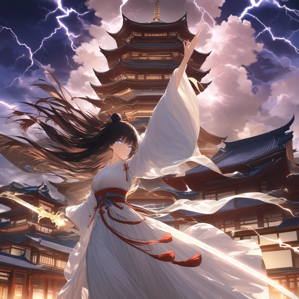 score_9,score_8_up,score_7_up,beautiful,beautiful ultra detailed eyes,detailed face,intricate details,hyper-detailed,pretty,beautiful face,weapon,long hair,sword,solo,holding weapon,gfjiansi,black hair,glowing weapon,holding,1girl,sky,architecture,holding sword,arm up,east asian architecture,standing,sash,chinese clothes,glowing sword,long sleeves,outdoors,night,building,cloud,lightning,hair bun,white dress,floating hair,glowing,wide sleeves,electricity,dress,blue theme,closed mouth,blue eyes,hanfu,bangs,<lora:gfjiansi:0.7>,
