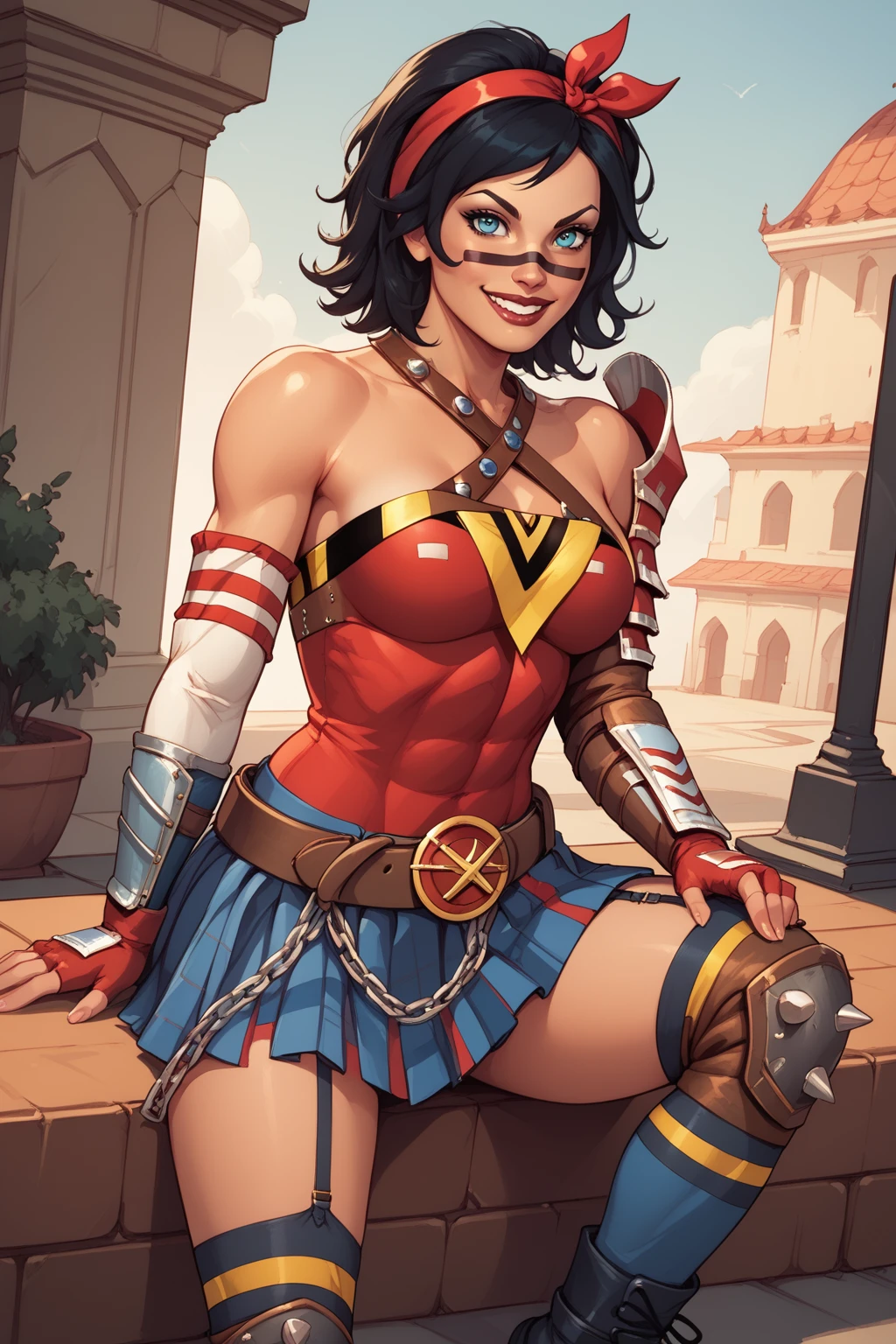 score_9, score_8_up, score_7_up, masterpiece, high quality, BREAK
 <lora:Atomic Wonder WomanPonyLoRA:1>atmcww, short hair, hairband, hair ribbon, top, criss-cross halter, facepaint, bare shoulders, single pauldron, detached sleeves, fingerless gloves, belt, skirt made of ties, belt buckle, garter straps, single elbow pad, knee pads, chain, spikes, smile