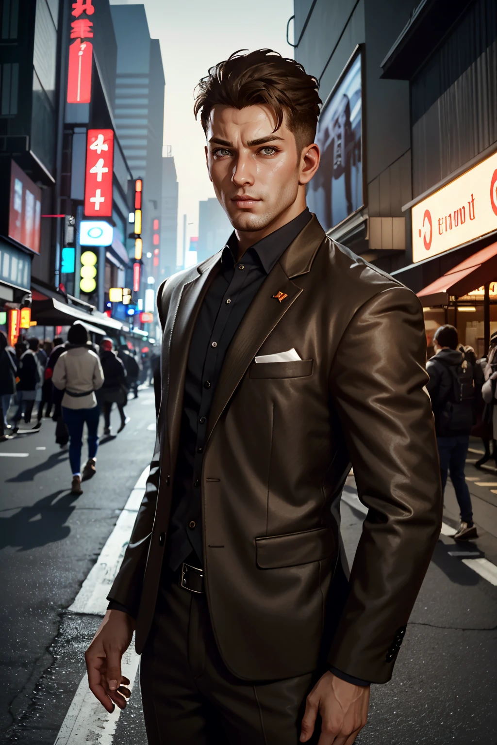 ((ultra detailed, masterpiece, absurdres))
 <lora:DAIMaleMain:0.8>
DAIMaleMain, 1boy, short hair, brown hair, looking at viewer, in a sleek modern suit striking a pose in front of a neon-lit Tokyo street