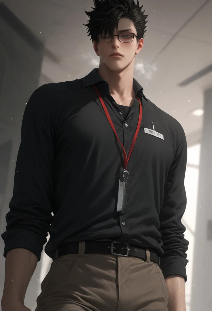 ((fully black clothed, black shirt, black collared shirt, black long sleeves, tie, glasses, lanyard, black formal pants, indoor, fancy, restraining viewer)) score_9, score_8_up, score_7_up, anime, 19 year old , ((1boy, solo)), male focus, slim toned male, 1boy, toned male, kuroo_(haikyuu!!), male focus, solo, toned, broad shoulders, black hair, spiky hair, one sided bangs, masculine jawline, slender, ripped, athletic, solo)), (chest hair), ((college sweat after Quidditch game,)), Macro detailed realism style photograph, soft lighting, Expressiveh, 1man, restraining viewer, chest close to viewer, heavy breathing, soft bright lighting, looking down, front view, role as top, masculine, intimidating, confident, sweating, sweaty, heavy breathing, steaming, drenched in sweat, wet by sweat, score_9,score_8_up,score_7_up, source_anime, male focus, Muscular, half nude, big thigh, big chest, hung, manly, tall, detailed eyebrow, sharp eyebrows, focus on thigh, hairy thigh, cowboy shot, from below,