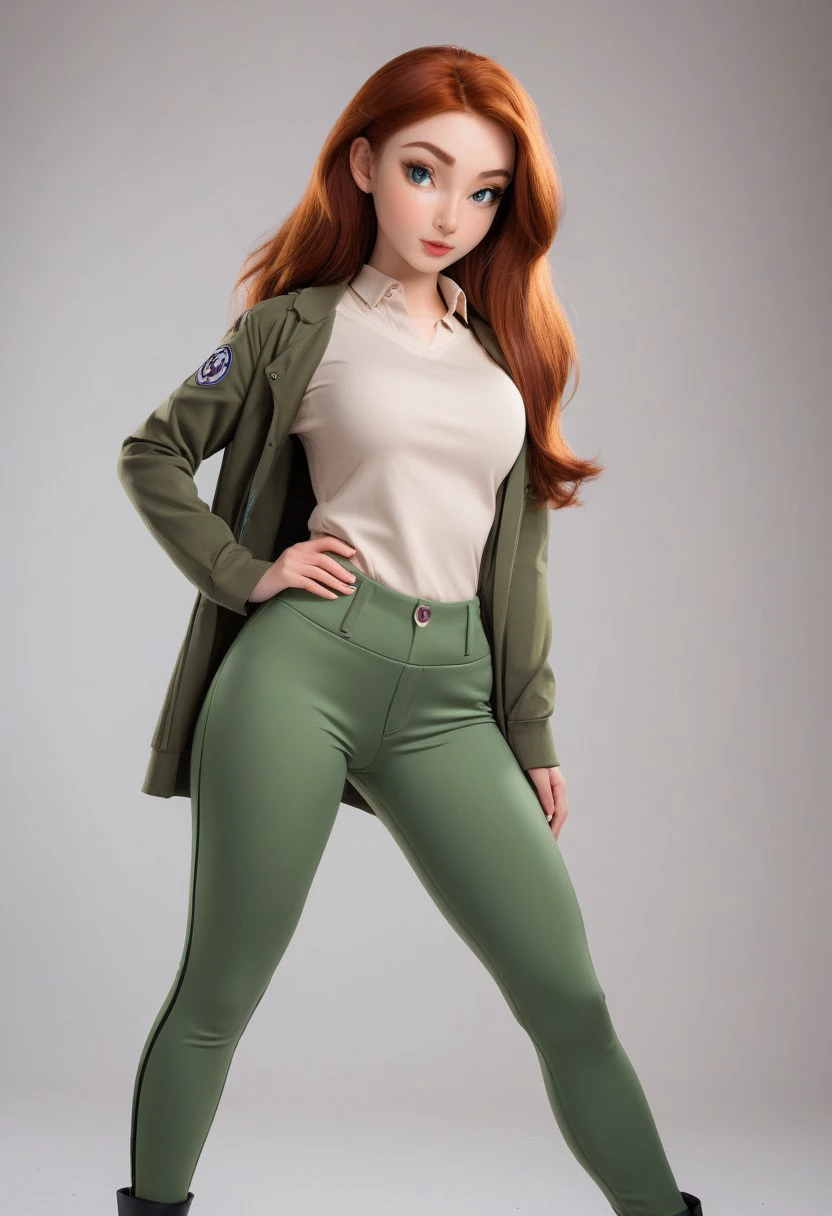 1girl, solo, Kim Possible, redhead, long hair, perfect face, perfect eyes, sexy, sexy girl, beautiful eyes, petite body, wide hips, perfect cute face, standing, large breasts, cleavage, oversized top, seductive look, green pants, girl leaning forward, perfect hands, blush, close up, dynamic angle