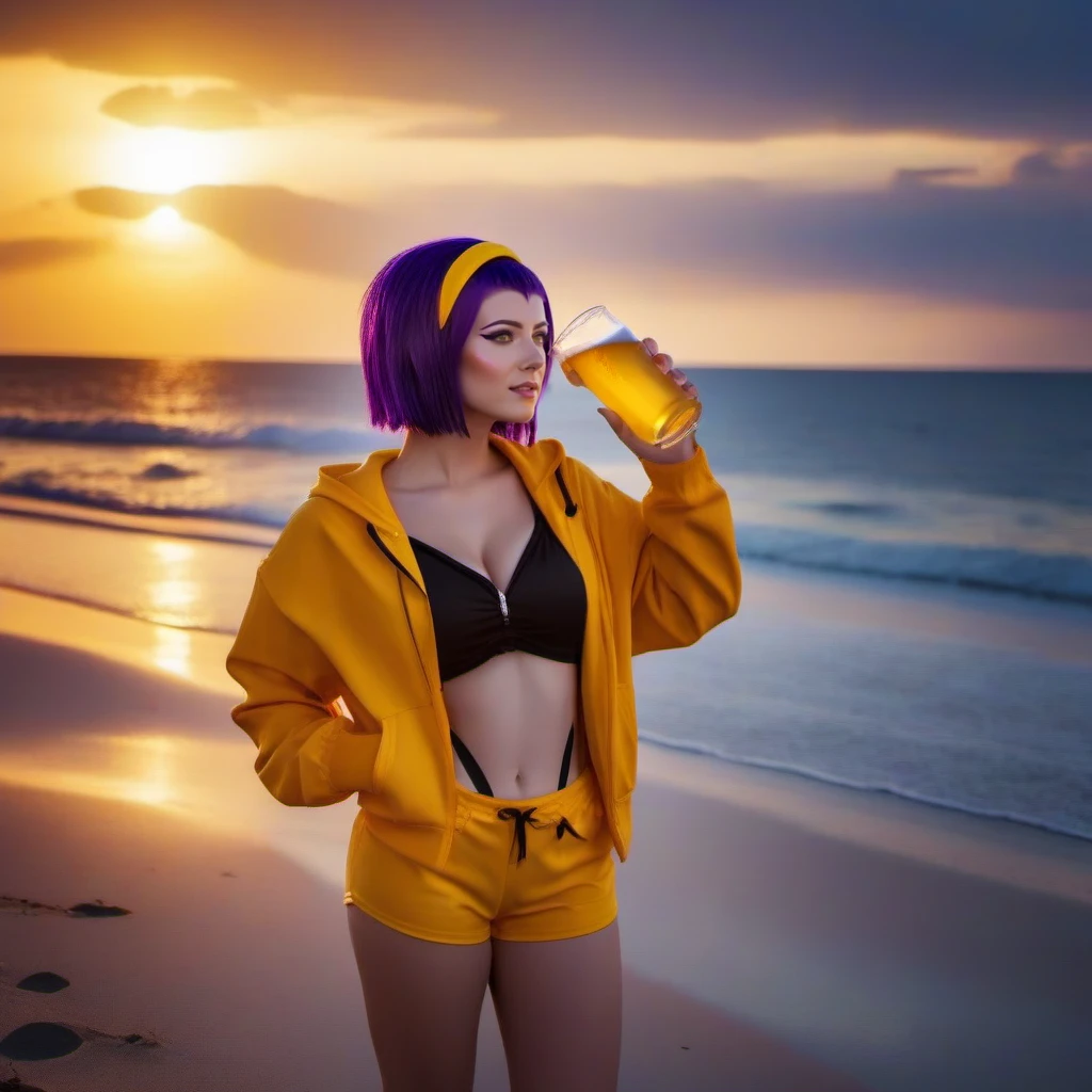 cinematic photo full body portrait of 1girl, yellow hairband, hoodie, makeup, purplehair, short hair, yellow shorts, breast, cleavage, having a beer on the beach, sunset  <lora:Faye1024v2:0.8> . 35mm photograph, film, bokeh, professional, 4k, highly detailed