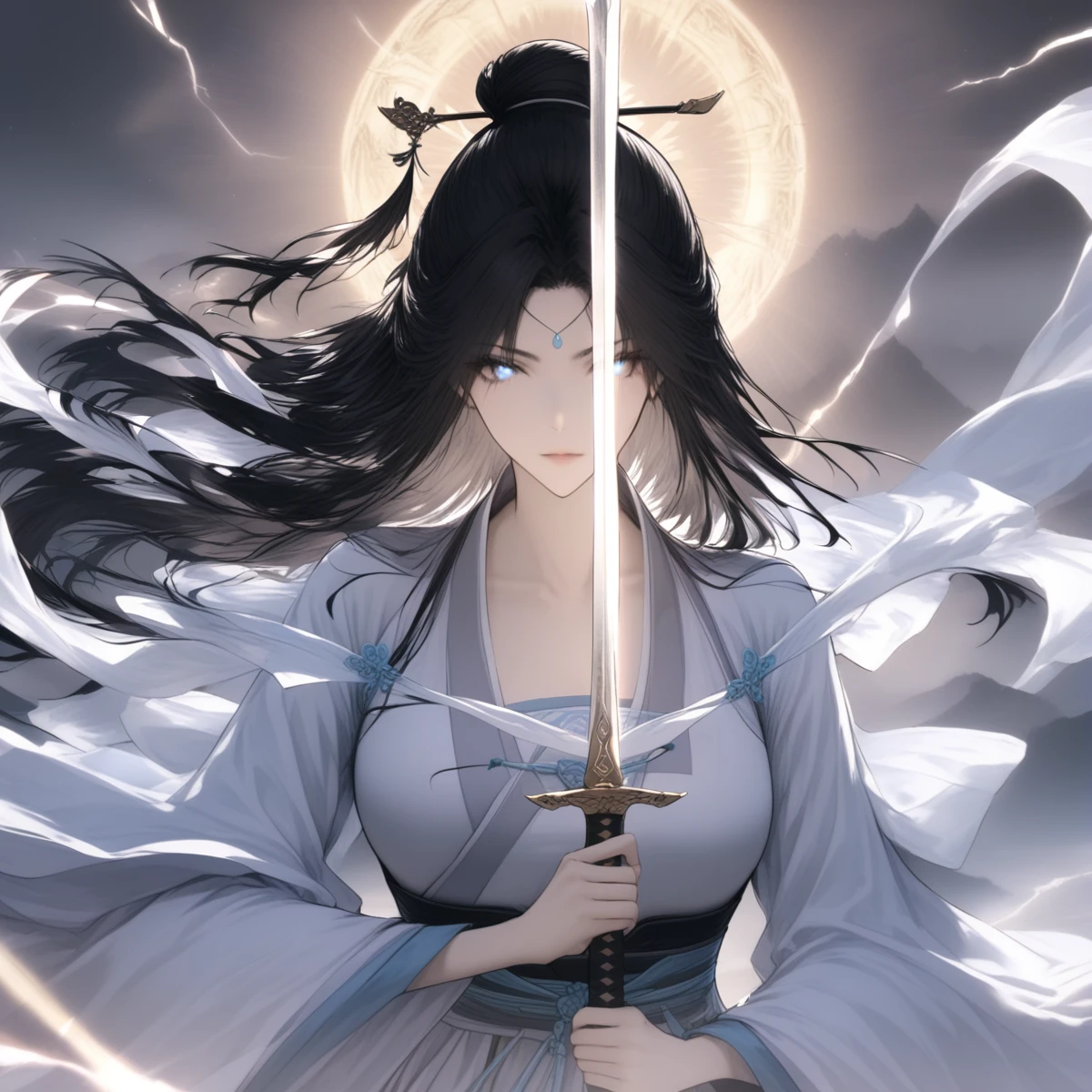 score_9,score_8_up,score_7_up,beautiful,beautiful ultra detailed eyes,detailed face,intricate details,hyper-detailed,pretty,beautiful face,gfjiansi,peiyuhan,upper_body,front view,
weapon,long hair,sword,solo,holding weapon,black hair,glowing,
1girl,weapon,sword,long hair,solo,black hair,hanfu,holding weapon,hair bun,looking at viewer,holding sword,chinese clothes,closed mouth,long sleeves,single hair bun,white dress,hair ornament,wide sleeves,
<lora:gfjiansi:0.7>,<lora:feiyuhan-1:0.7>,