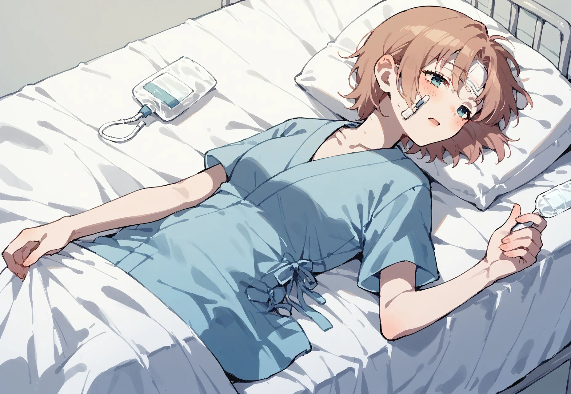 score_9, score_8_up, score_7_up, source_anime, 1girl, solo, sick, hospital gown, hospital bed