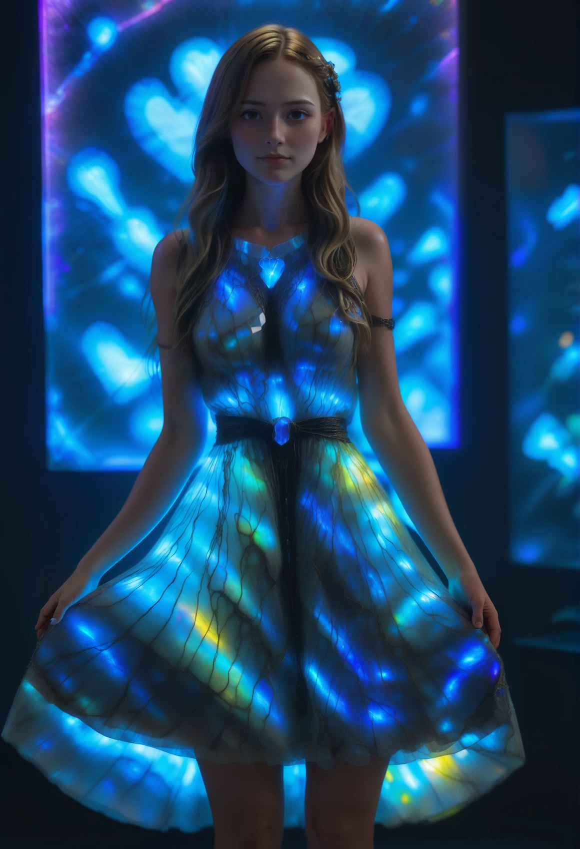 dolleijSDXL02, soft freckles, long hair, open hair <lora:DolleijSDXL02-000003:0.5>, wearing a dress made out of reij-lmlbrdrt <lora:LumiLabradorit:1>