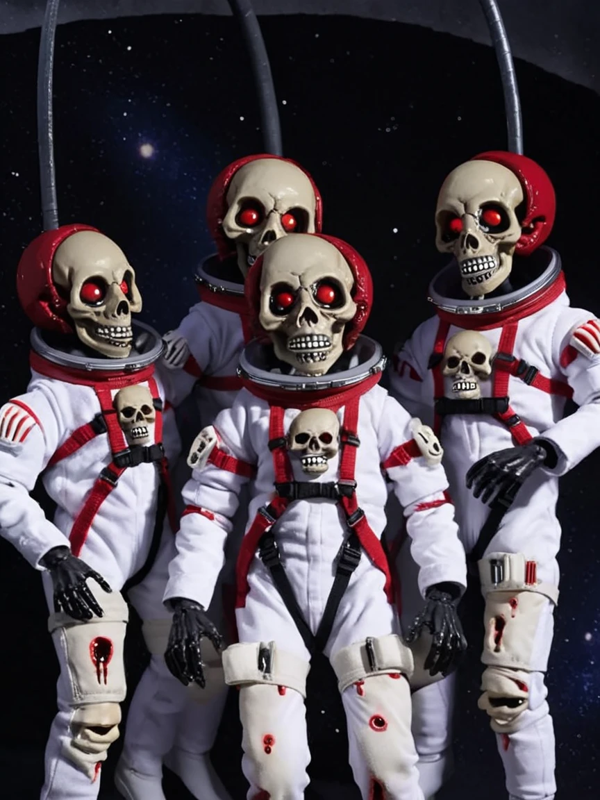 <lora:R0b0tChXL:1> r0b0tch, spacesuit, 4boys, suspenders, skull, red eyes, horror (theme),