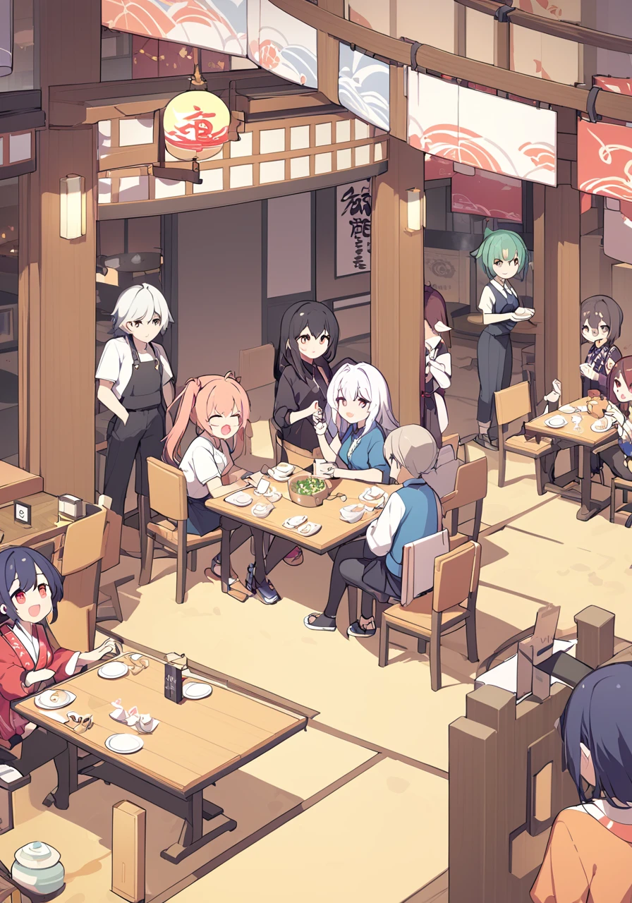 a group of people inside a Japanese restaurant, <lora:wisosdxl:0.8>, wisosdxl, best quality, masterpiece, isometric scene, anime, cute