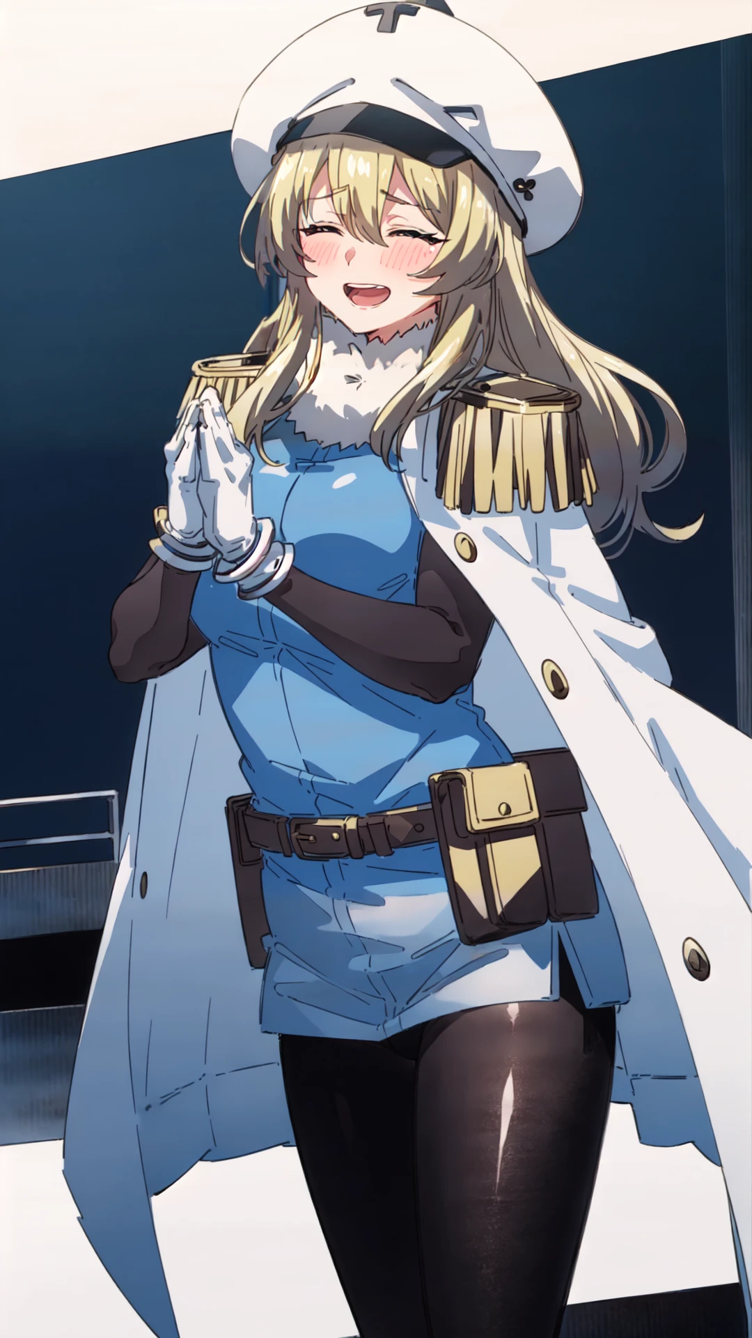 (((cowboy shot))), (((dynamic angle))), webtoon, anime, centered, solo, 1girl, 1woman, ppsh, open mouth, (((praying))), hands together, blush, long hair, blonde hair, closed eyes, white hat, white fur trim, white cape, yellow epaulettes, blue top, big breasts, ((black sleeves)), white gloves, bracelets, belt, poaches, ((black pantyhose)), (((outdoors, modern city background))), 8k, 16k, trending on pixiv, fanbox, skeb, masterpiece, detailed face, digital painting, (best quality, ultra detailed), (detailed background:1.2), (perfect face, detailed face), (mature female:1.4), <lora:sd_v15_dpo_lora_v1:0.8>,  <lora:ppsh:0.7>