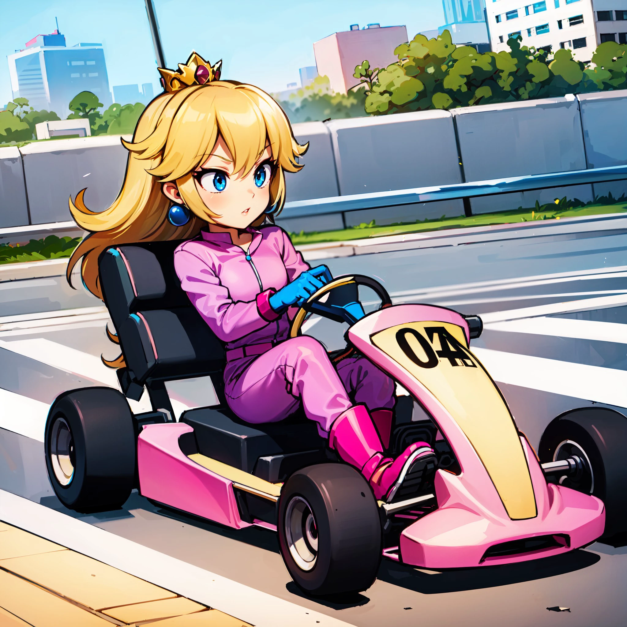 (pink kart), go-kart, driving, in a racing circuit, [sitting, full body], gloves, (pink boots), (steering wheel:1.2), 
1girl, pink Jumpsuit, PrincessPeach, , <lora:PrincessPeachMovie:0.7>, <lora:35884420-bad0-4685-a88f-1f22ef61575e:0.6>