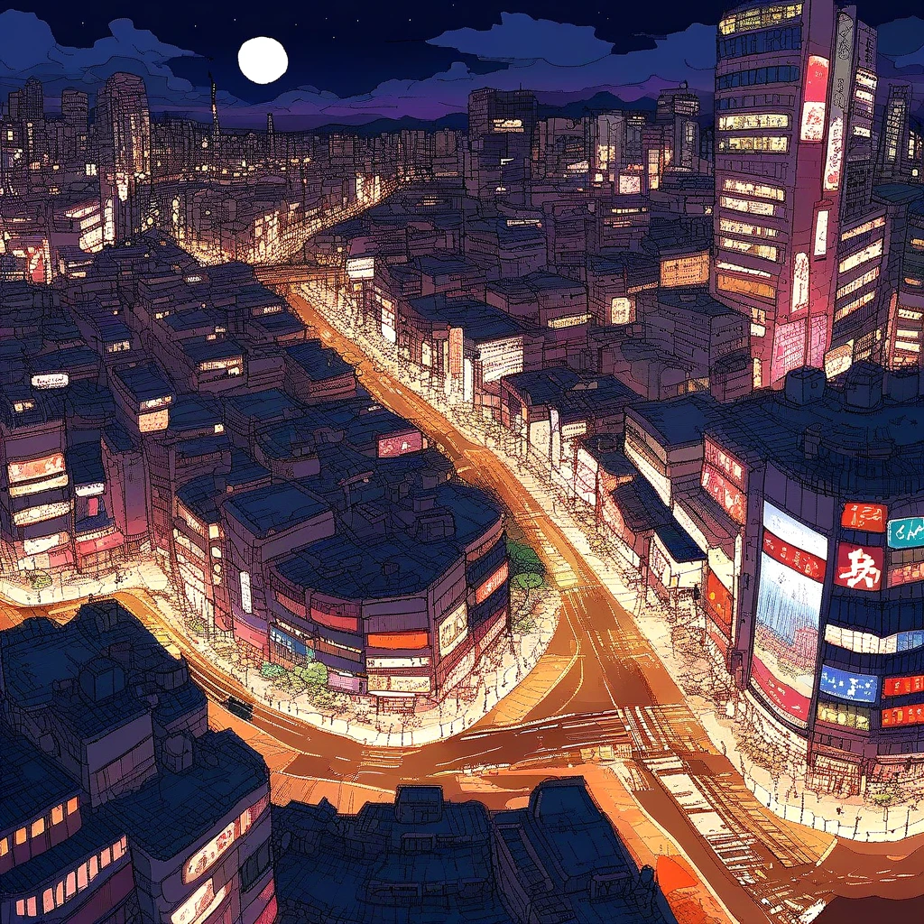 <lora:comic_SDXL_v1:0.5>, (anime coloring:0.8), landscape, manga_art, iniphizi, oekaki, city, shibuya \(tokyo\), night