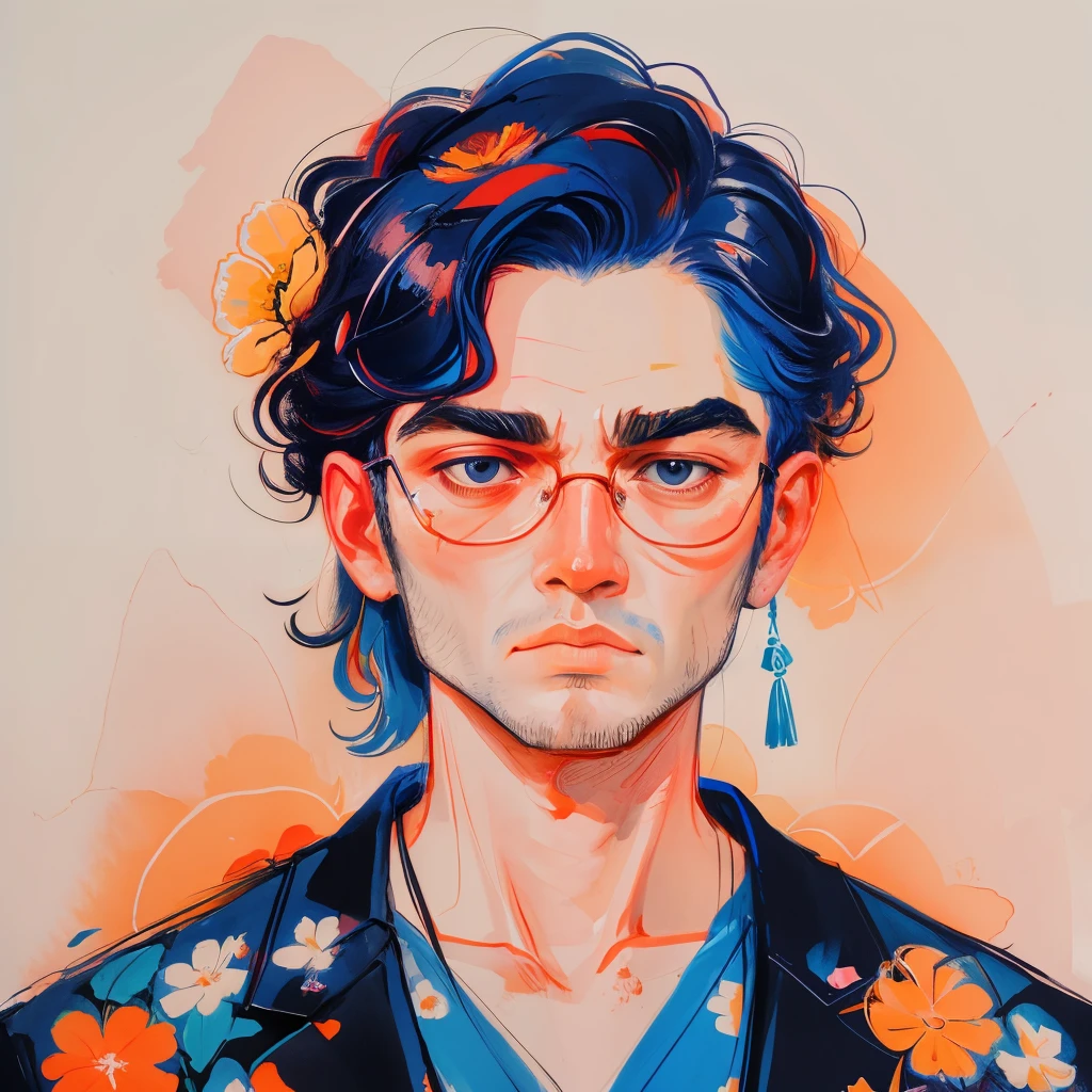 A vibrant gouache-style portrait of a serious man with flowers