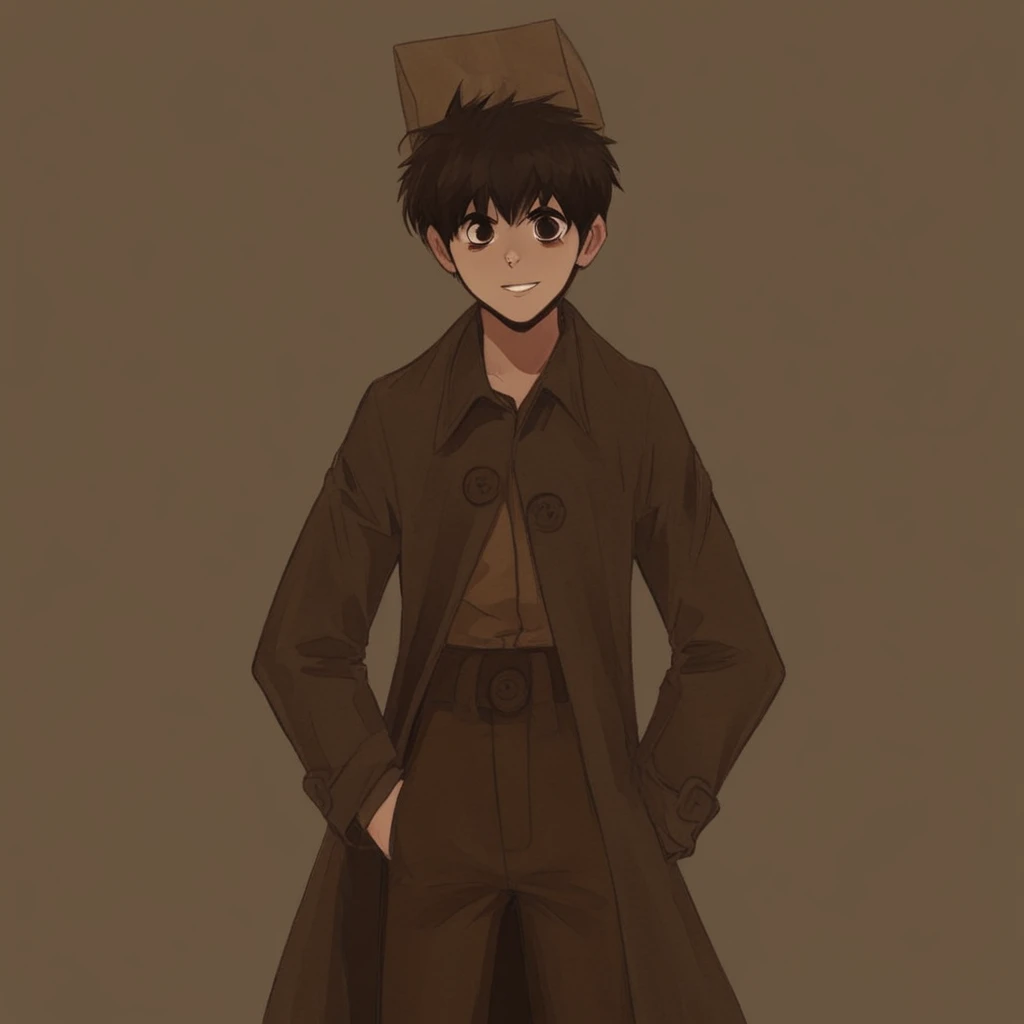 Boy wearing a white shirt and brown pants under a brown trench coat, Boy wearing a brown paper bag on, bright eyes, short brown hair, small boy