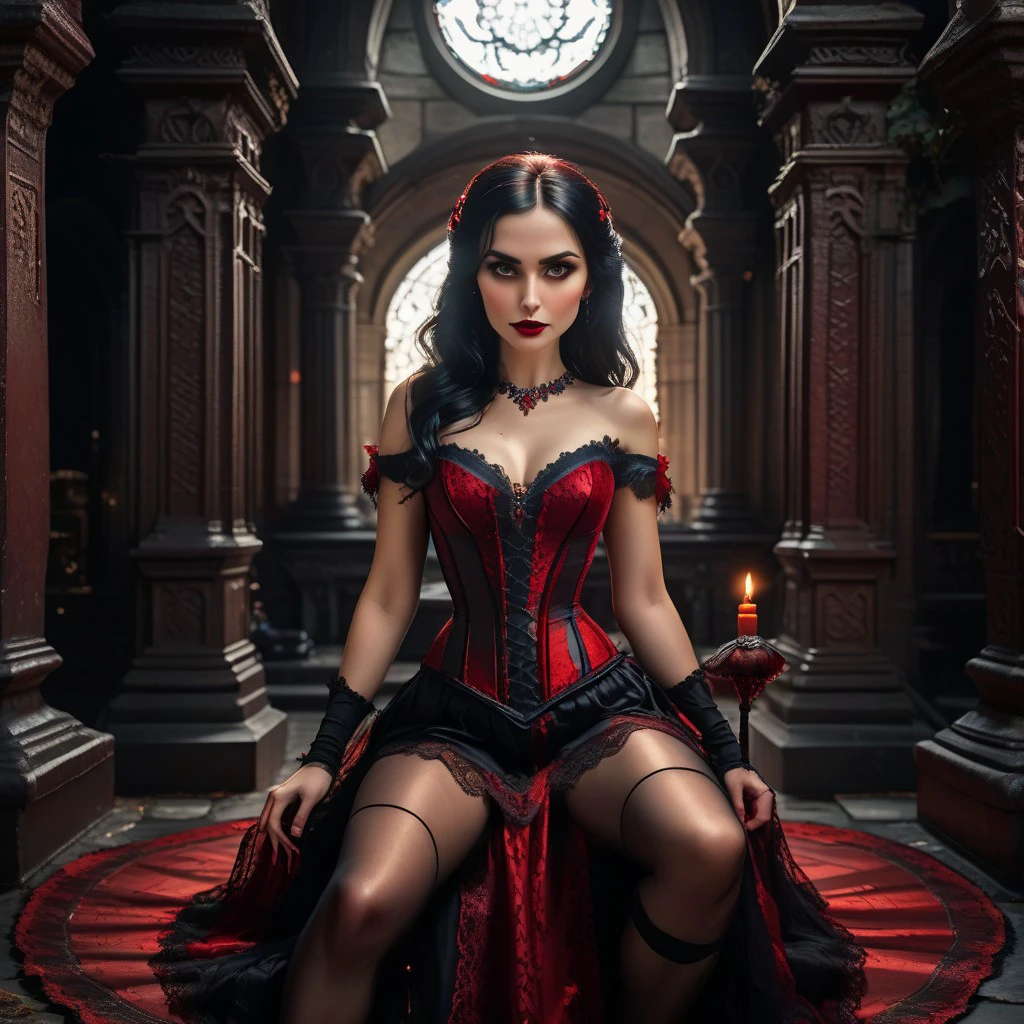 Gothic, red and black lace, intricately detailed 
lace, vampire woman, delicate soft features, medium perky breasts, shiny black hair, Smooth shiny skin, black lace thigh highs, legs spread open, sitting in a crypt, ritual circle, ,ceremonial ritual bowl, ...