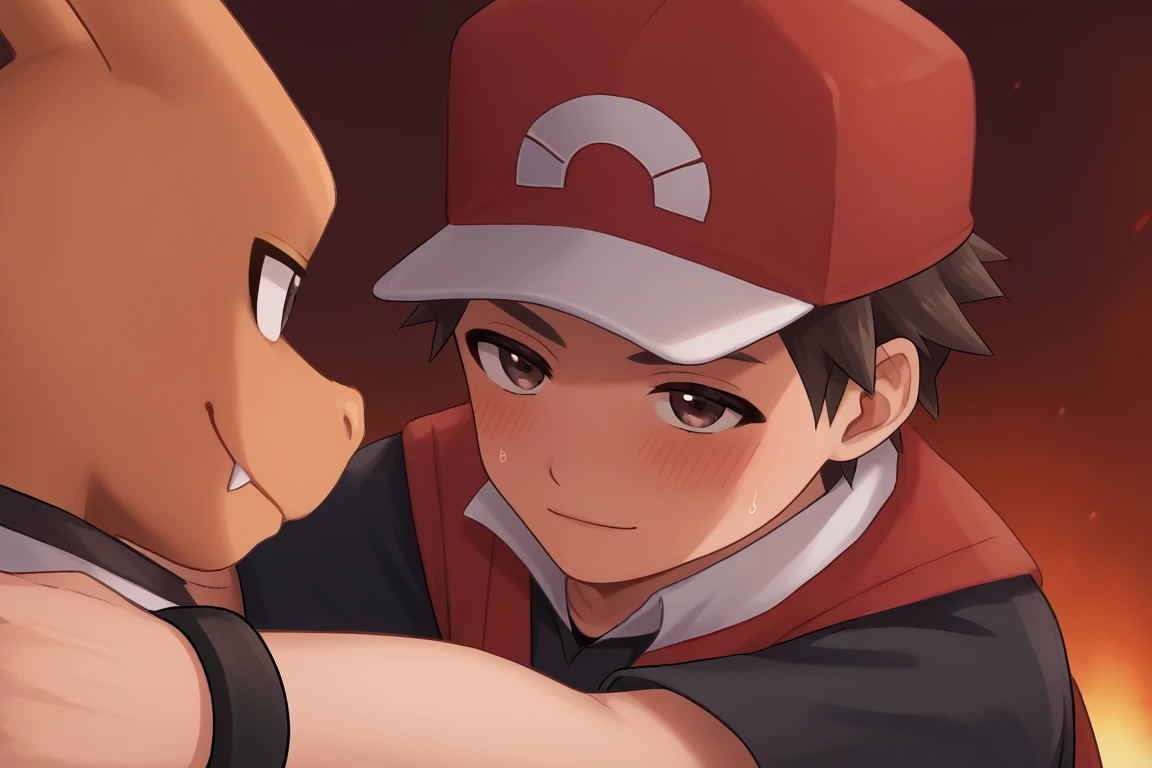 score_9, score_8_up, score_7_up, score_6_up, detailed, intricate details, highres, absurdres ,source_anime, cowboy shot,
2boys, SOLO focus, yaoi, wiid,sweat, blush, looking at another, eye contact, SWEATDROP, seductive smile,
BREAK ,Red_pokemon, RED WITH WHITE BASEBALL CAP, BROWN EYES, BROWN HAIR, red vest, BLACK SHIRT, black wristband, short sleeves,
BREAK charizard<lora:EMS-430683-EMS:1.000000>, <lora:EMS-353623-EMS:1.000000>