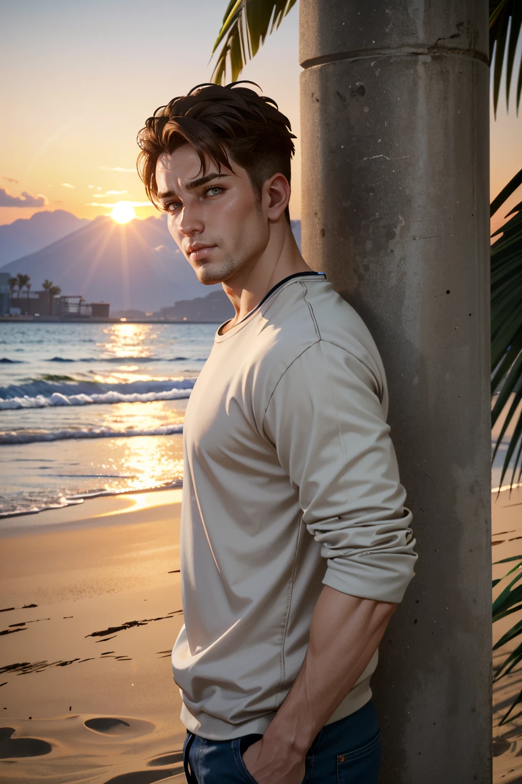 ((ultra detailed, masterpiece, absurdres))
 <lora:DAIMaleMain:0.8>
DAIMaleMain, 1boy, short hair, brown hair, looking at viewer, at the beach, casual clothing, palm trees, sundown