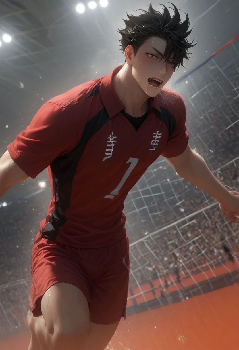 ((fully clothed, volleyball costume, smashing volleyball, volleyball,  jumping, jump, volleyball court, open mouth, drooling)) score_9, score_8_up, score_7_up, anime, 19 year old , ((1boy, solo)), male focus, slim toned male, 1boy, toned male, kuroo_(haikyuu!!), male focus, tan skin, solo, toned, broad shoulders, black hair, spiky hair, one sided bangs, masculine jawline, slender, ripped, athletic, solo)), (chest hair), ((oiled up, college sweat after Quidditch game, wet)), Macro detailed realism style photograph, soft lighting, Expressiveh, 1man, restraining viewer, chest close to viewer, heavy breathing, soft bright lighting, looking down, front view, role as top, masculine, intimidating, confident, sweating, sweaty, heavy breathing, steaming, drenched in sweat, wet by sweat, score_9,score_8_up,score_7_up, source_anime, male focus, Muscular, half nude, big thigh, big chest, hung, manly, tall, detailed eyebrow, sharp eyebrows, focus on thigh, hairy thigh, cowboy shot, from below,