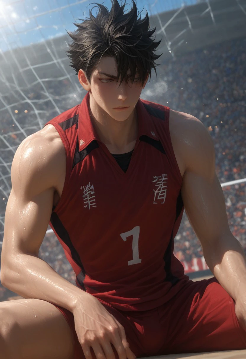 ((fully clothed, volleyball costume, smashing volleyball, jump, volleyball court)) score_9, score_8_up, score_7_up, anime, 19 year old , ((1boy, solo)), male focus, slim toned male, 1boy, toned male, kuroo_(haikyuu!!), male focus, solo, toned, broad shoulders, black hair, spiky hair, one sided bangs, masculine jawline, slender, ripped, athletic, solo)), (chest hair), ((oiled up, college sweat after Quidditch game, wet)), Macro detailed realism style photograph, soft lighting, Expressiveh, 1man, restraining viewer, chest close to viewer, heavy breathing, soft bright lighting, looking down, front view, role as top, masculine, intimidating, (sitting:1.1), confident, sweating, sweaty, heavy breathing, steaming, drenched in sweat, wet by sweat, score_9,score_8_up,score_7_up, source_anime, male focus, Muscular, half nude, big thigh, big chest, hung, manly, tall, detailed eyebrow, sharp eyebrows, focus on thigh, hairy thigh, cowboy shot, from below,