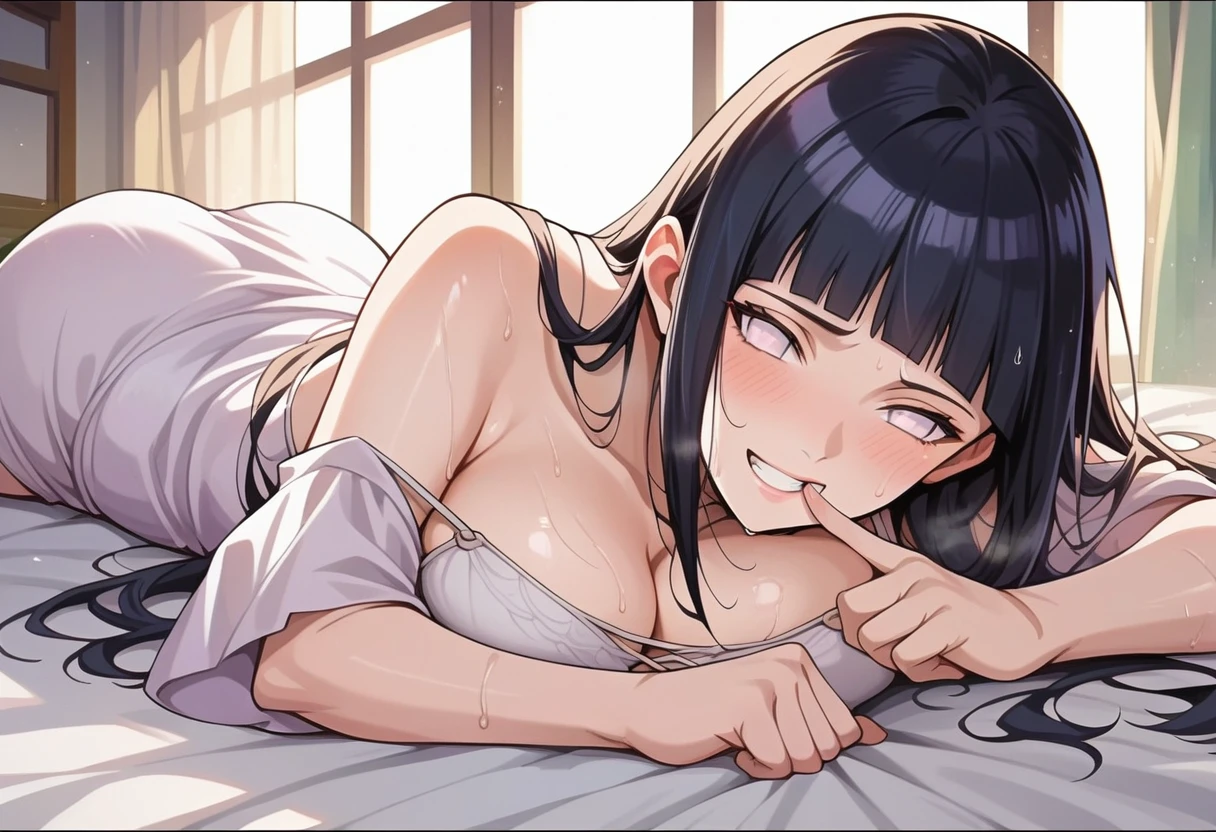 (masterpiece, highest quality:1.2),nsfw, 1 girl,18 year old beauty、solo,ponytail hair,dark purple hair,slender body,skinny,medium breasts,naked,sweat,sitting,Simple bed、Bedroom、