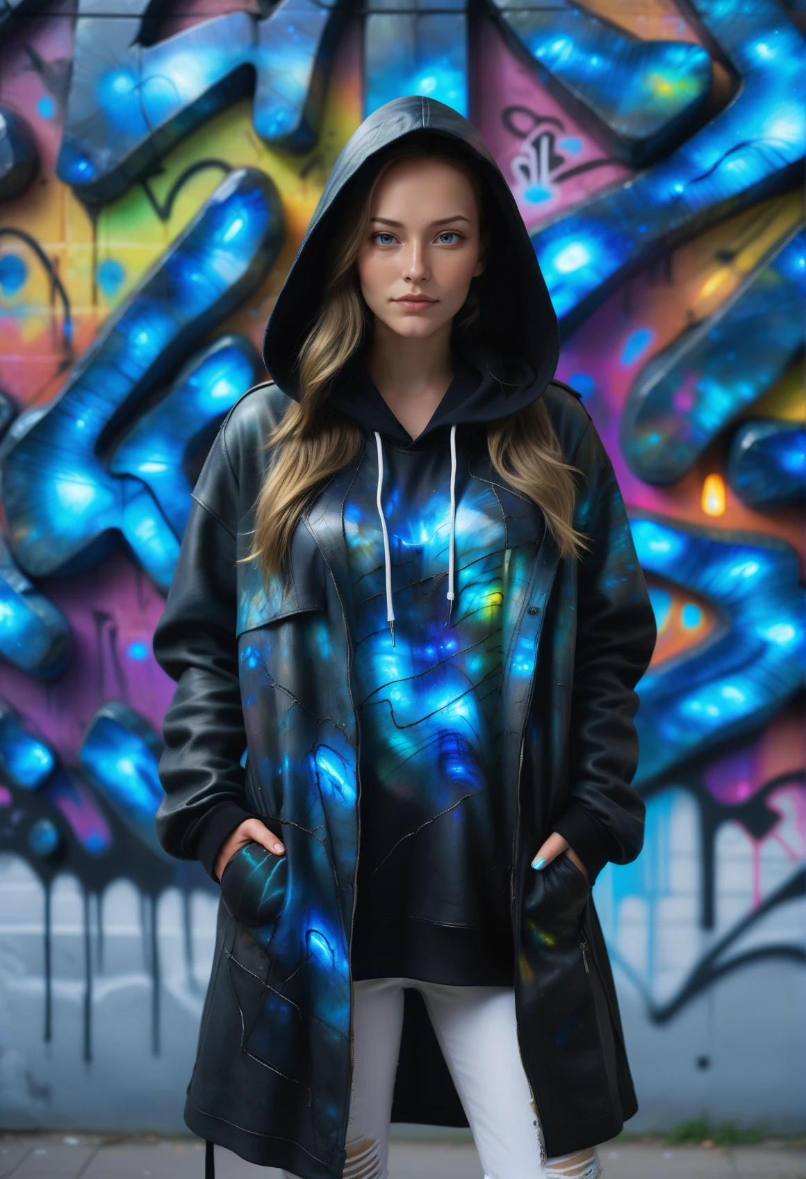 ((background and fashion made out of reij-lmlbrdrt, <lora:LumiLabradorit:1>)), oversizes shirt painted with graffiti street art fashion style, black long leather coat with hoodie, , , upper body,, posing cheekily, (((masterpiece))) , (((best quality))) , 2d, (adorable 1girl, solo:1.3), posing cheekily in front of a graffiti wall, 1woman, soft freckles, long hair, open hair