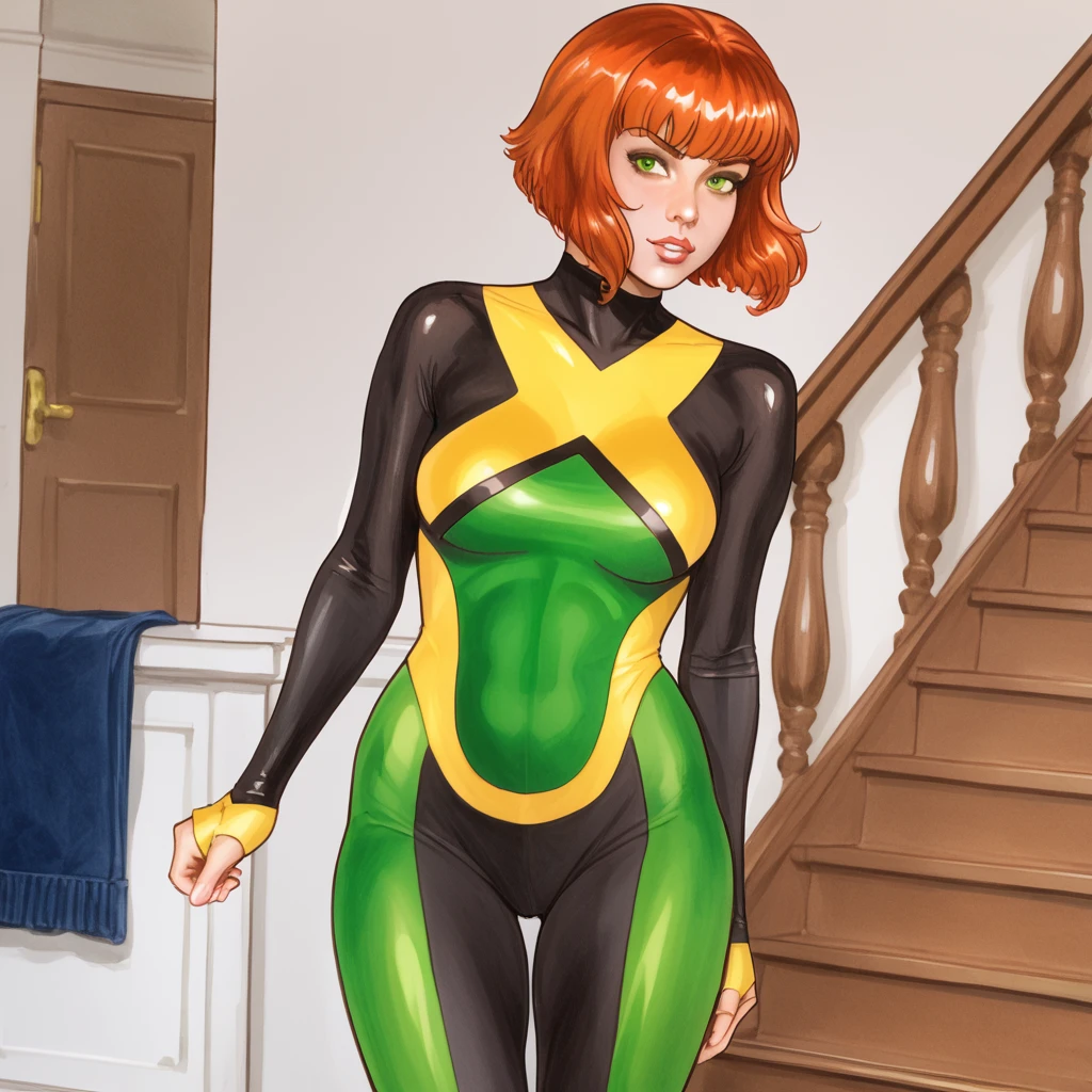 <lora:jeangreymarvelnow_pony_v1:1>jeangreymarvelnow, 1girl, green bodysuit, short hair, traditional media, orange hair, green eyes, yellow bodysuit, breasts