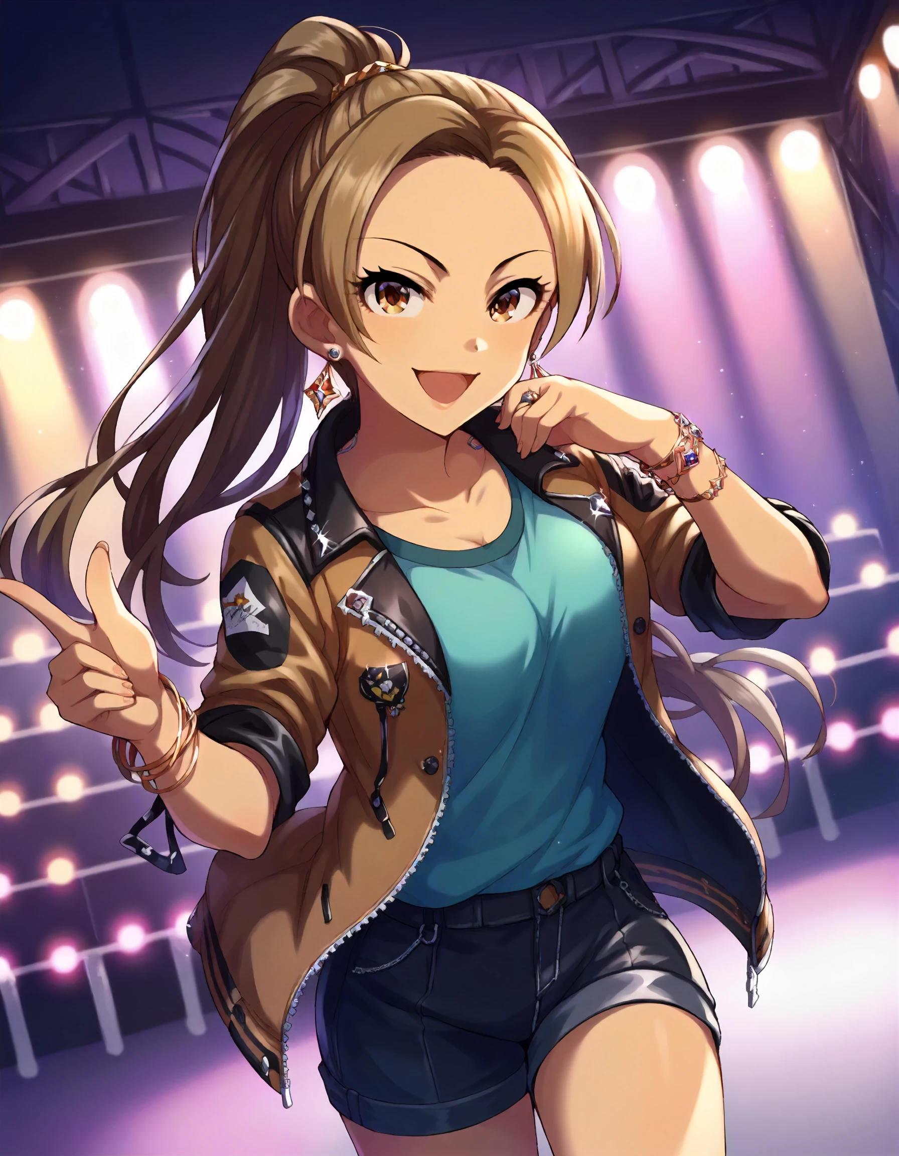 score_9,score_8_up,score_7_up,1girl,solo,cowboy shot,looking at viewer,smile,open mouth,indoors,stage lights,
<lora:matsunagaryo_ponyXLV6:0.8>,cgmry,mryhb,brown hair,long hair,ponytail,brown eyes,
earrings,bracelet,jacket on shoulders