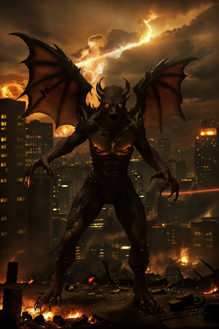 a (dragon monster with large wings), fiery eyes, open jaw with long claws and sharp teeths hissing BREAK
action pose overlooking a city skyline of a (dark battlefield with pires and burning ruins of a massive city) BREAK
(in a dark night with raging fires and black smoke in the air), raw picture, 35mm photograph, sharp focus, american shot, dutch angle, dolly zoom, lens flare, deep shadows, volumetric lights, very detailed face