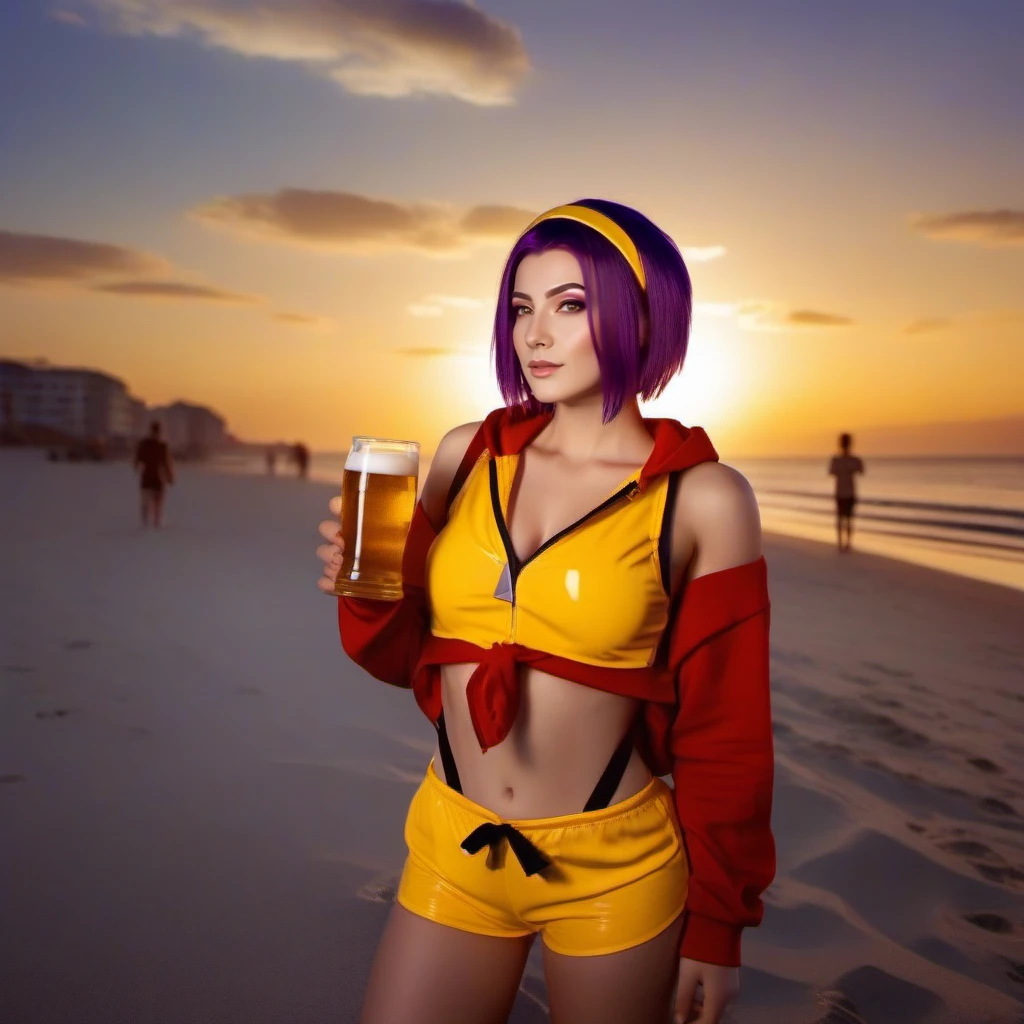 cinematic photo full body portrait of 1girl, yellow hairband, hoodie, makeup, purplehair, short hair, yellow shorts, breast, cleavage, having a beer on the beach, sunset  <lora:Faye1024v2:0.8> . 35mm photograph, film, bokeh, professional, 4k, highly detailed