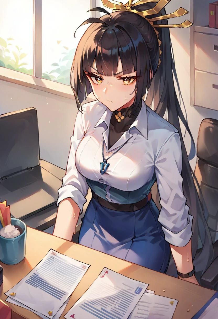 score_9,score_8_up,score_7_up,score_6_up, akagi_(blue oath), 1girl, black hair, bangs, yellow_eyes, hair ornament, blunt bangs, long hair, office lady, office, working, busy, serious face, half awake, sweat,