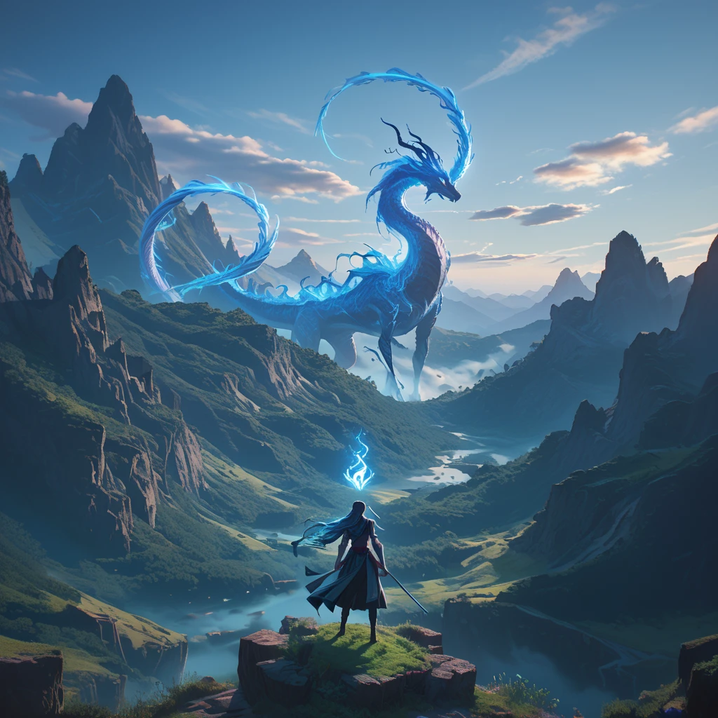 score_9, score_8_up, score_7_up, score_6_up, score_5_up, score_4_up, (a cinematic shot of a fantasy female character standing infront of a giant glowing spirit (dragon:1.25), mountains in background, reflective light:1.2) Bosstyle