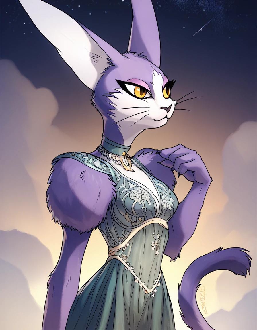 score_9, score_8_up, score_7_up, score_6_up, score_5_up, score_4_up, by slash freezen, night sky, miadothack, domestic cat, anthro, female, yellow eyes, whiskers, silver evening dress <lora:Miadothack-PonyXL_04-nd64-lr2-1440:1>