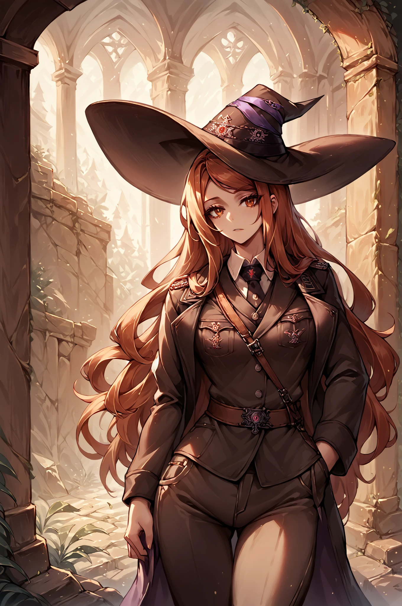 score_9, score_8_up, score_7_up, score_6_up, score_5_up, score_4_up, (high quality, detailed, beautiful) dragons_crown_sorc, cowboy_shot, <lora:BMU:0.99> bmu, military uniform, pants, witch_hat, jacket,  <lora:DCSoc2-000007:0.99>