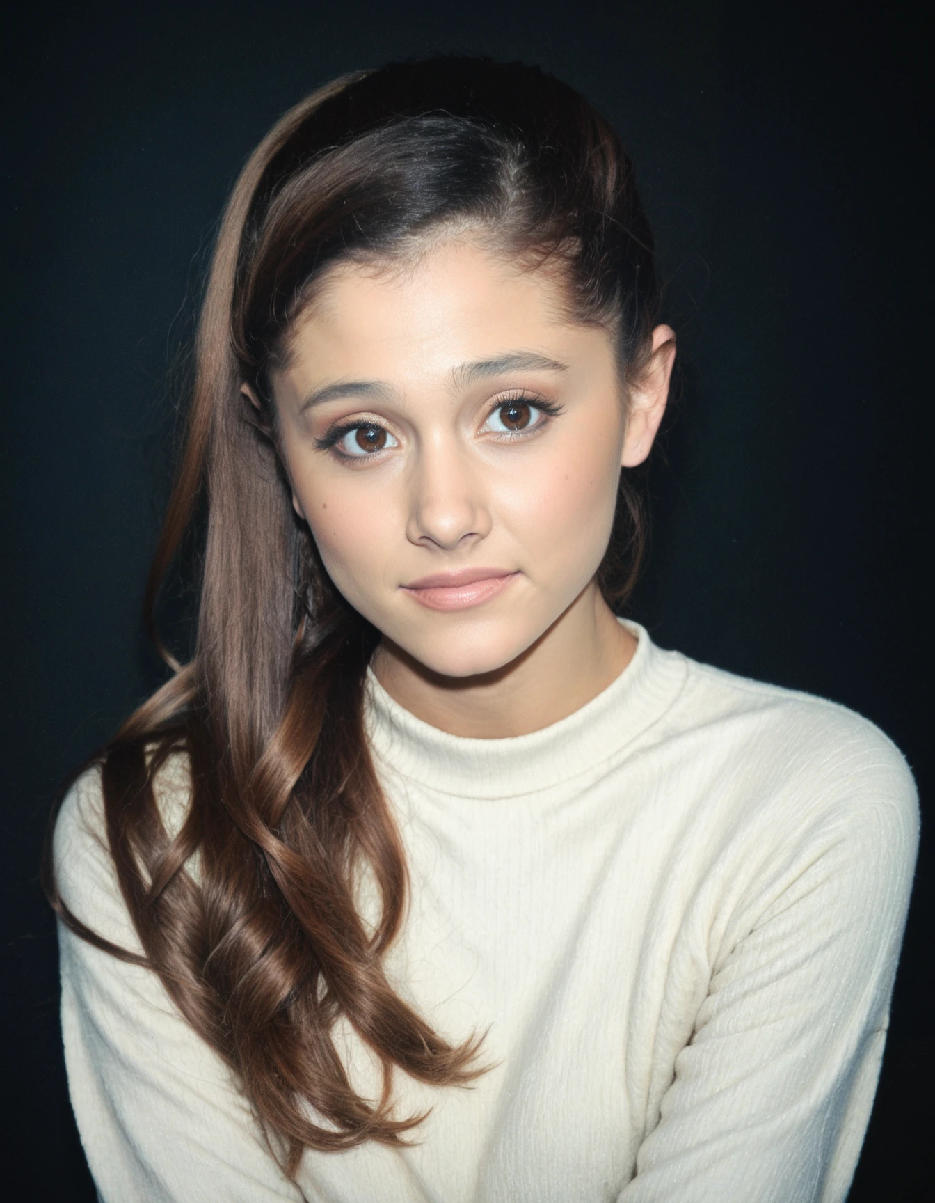 score_9, score_8_up, score_7_up, ohwx, 1girl, shy, expressionless, petite,  photo realistic, makeup, long, brown hair, <lora:CrunchyBanana_PONY_ariana_grande:1>, sweater, black background, rating_safe