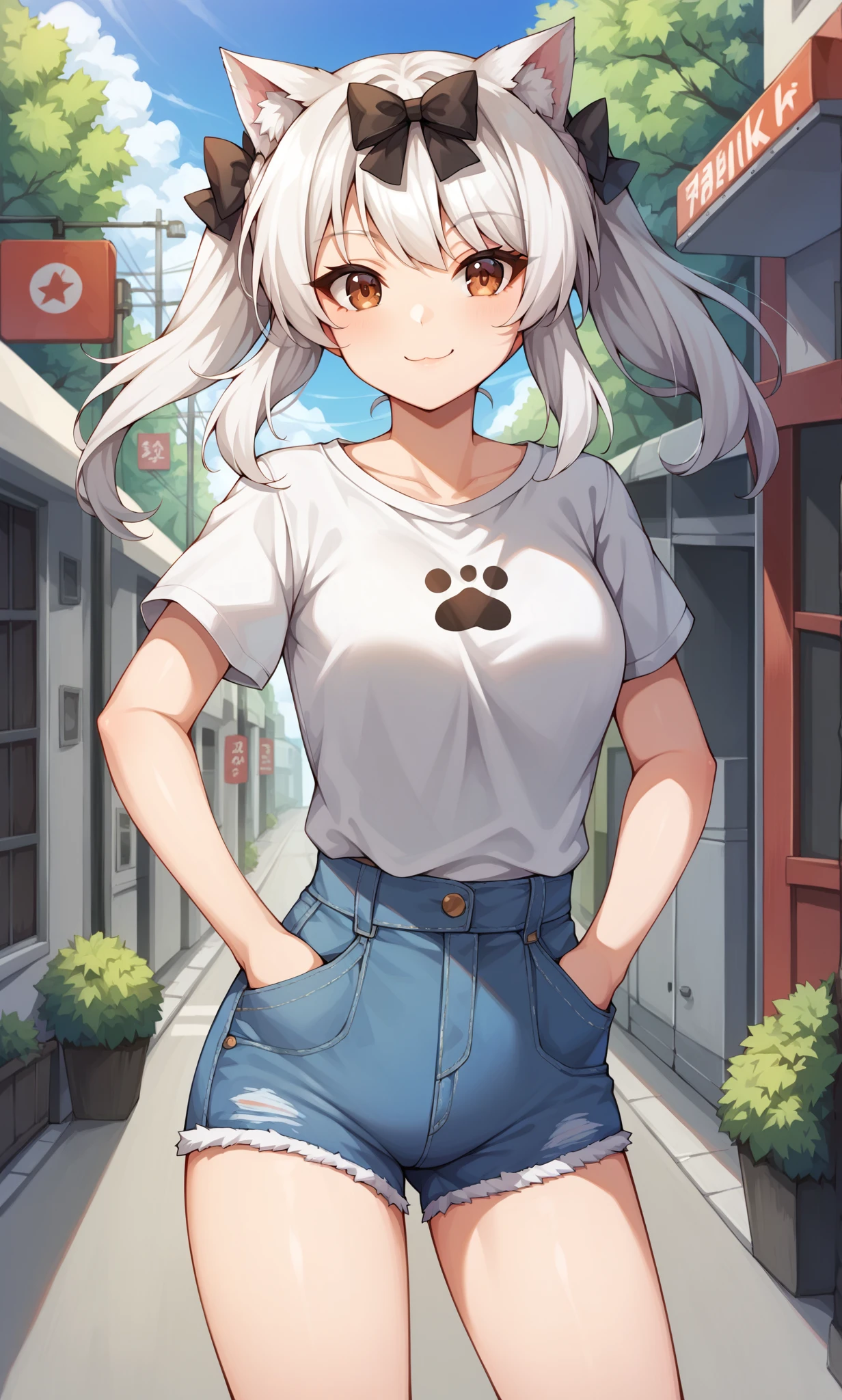 score_9, score_8_up, score_7_up, score_6_up, score_5_up, score_4_up, BREAK source_anime, 1girl, solo, outdoors, street, cowboy shot, looking at viewer, yukikaze, brown eyes, cat ears, white hair, long hair, twintails, black bow, hair bow, t-shirt, denim shorts, high-waist shorts, hands on pocket, smile, closed mouth