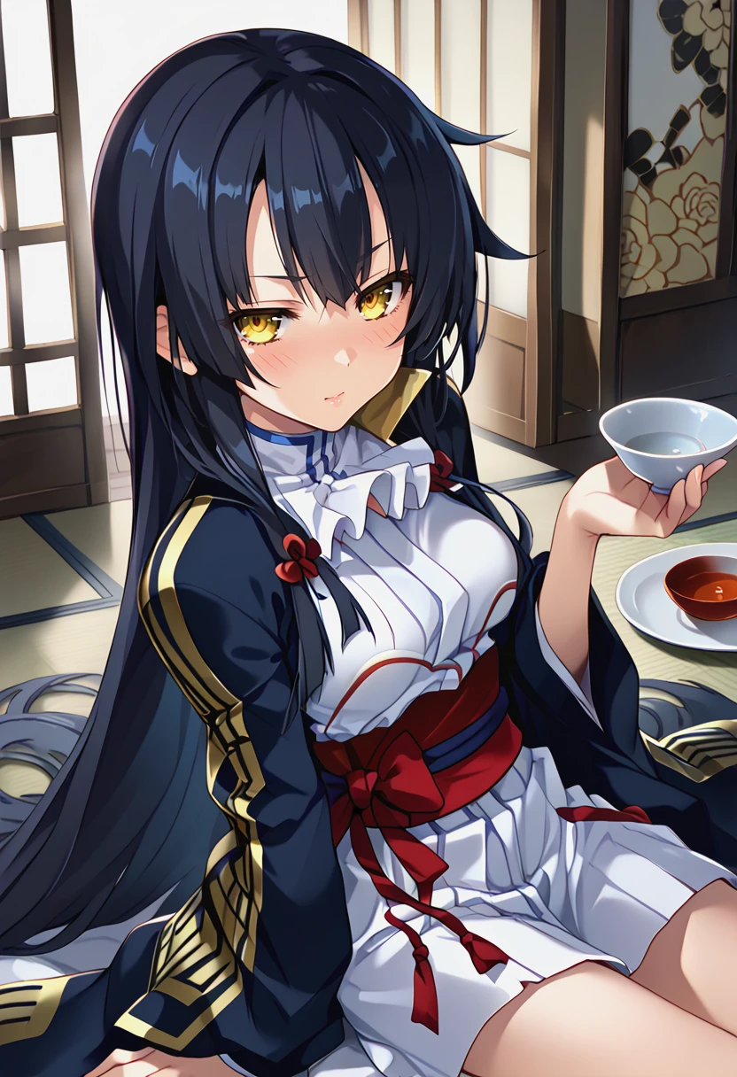 <lora:ODKUON_Pv1-000030:0.8>, odkuon, black hair, yellow eyes, long hair,   1girl, japanese clothes, japanese armor,  frills, high quality,   <lora:Drunk:1> Dr1nk,  blush, drunk bubbles, sake,, BREAK score_9, score_8_up, score_7_up, score_6_up, source_anime, best quality,