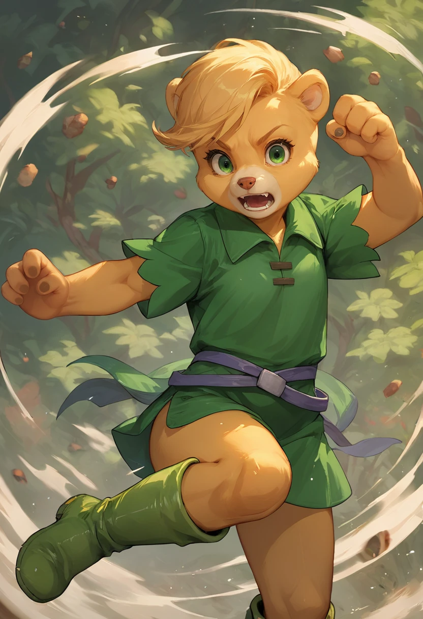 <lora:SunniGummi_PonyXL_v1:0.9>, score_9, score_8_up, score_7_up, rating_questionable, source_cartoon, solo, sunni gummi, young anthro, blonde hair, green eyes, green tunic, green boots, buckled waistband, action pose, fighting, fierce, scream, outside, detailed background, woodland