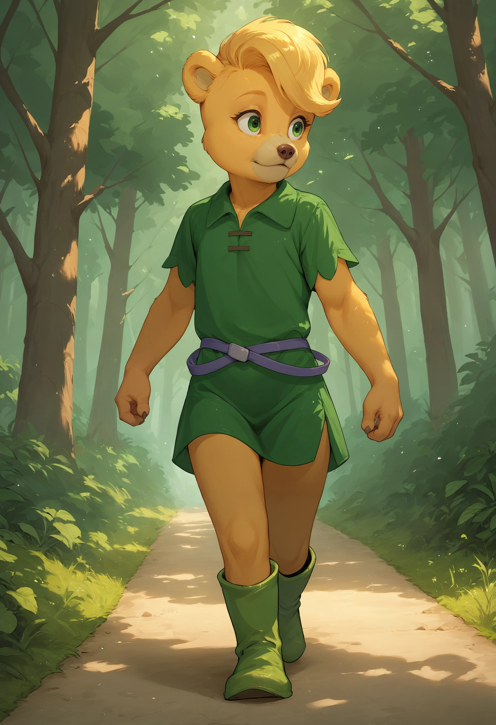 <lora:SunniGummi_PonyXL_v1:0.9>, score_9, score_8_up, score_7_up, rating_questionable, source_furry, solo, sunni gummi, young anthro, bear, blonde hair, green eyes, green tunic, green boots, buckled waistband, outside, detailed background, forest path, walking