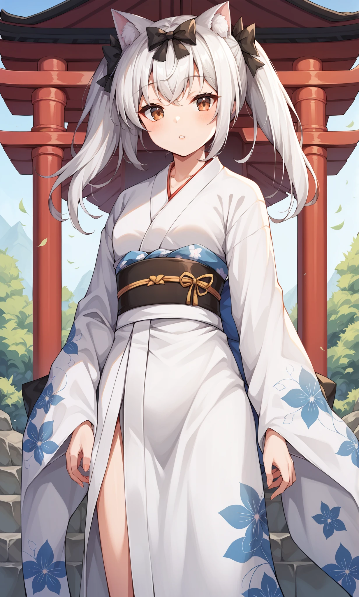 score_9, score_8_up, score_7_up, score_6_up, score_5_up, score_4_up, BREAK source_anime, 1girl, solo, outdoors, shrine, cowboy shot, looking at viewer, yukikaze, brown eyes, cat ears, white hair, long hair, twintails, black bow, hair bow, yukata, japanese clothes, wide sleeves, obi, floral print