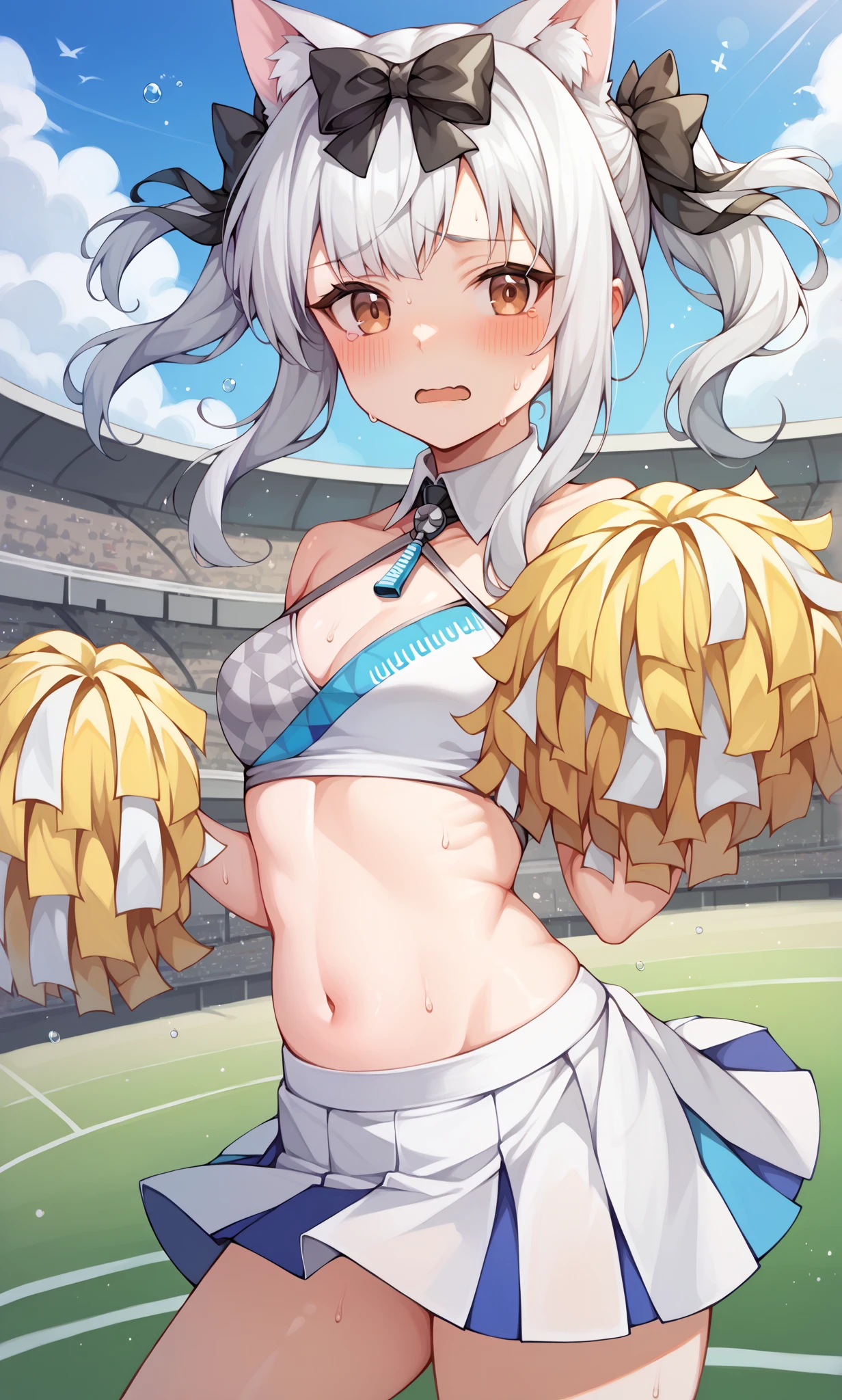 score_9, score_8_up, score_7_up, score_6_up, score_5_up, score_4_up, BREAK source_anime, 1girl, solo, outdoors, stadium, cowboy shot, looking at viewer, yukikaze, brown eyes, cat ears, white hair, long hair, twintails, black bow, hair bow, arm ribbon, black ribbon, (small breasts), shy, embarrassed, sweat, cheerleader, detached collar, white crop top, two-tone crop top, midriff, criss- cross halter, two-tone skirt, white skirt, miniskirt, pleated skirt, holding pom poms, pom pom (cheerleading), white sneakers