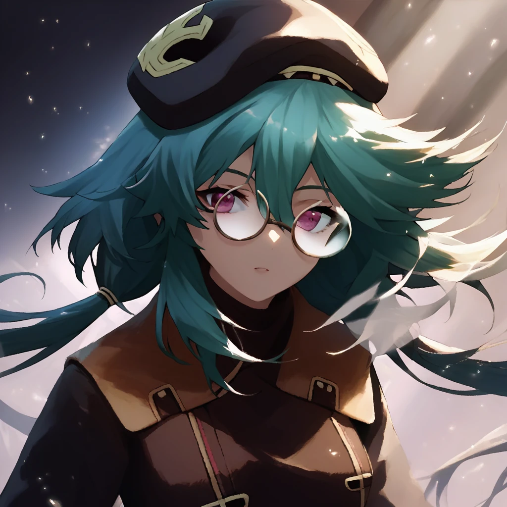 kirsty, youngkirsty, medium hair, twintails, bangs, blue hair, hair between eyes, pink eyes, beret, glasses, round eyewear, coat, long coat, long sleeves, score_9, score_8_up, score_7_up, source_anime, 1girl, light particles, dramatical lighting, (detailed, light particles, dynamical lighting), masterpiece, cinematic, high qualitty art, beautiful art, beautiful face, beautiful eyes