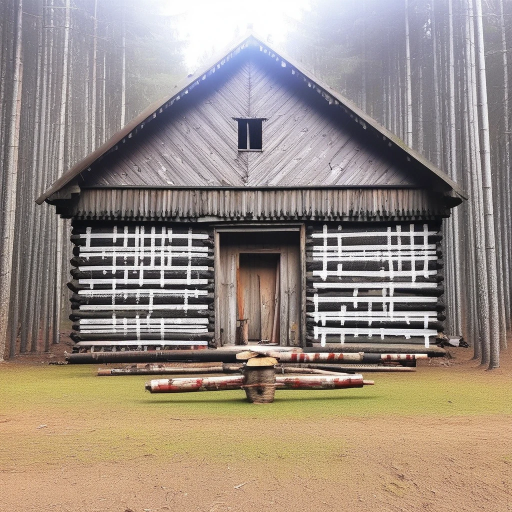 manor, wooden manor, markings, pillars, cross, log house