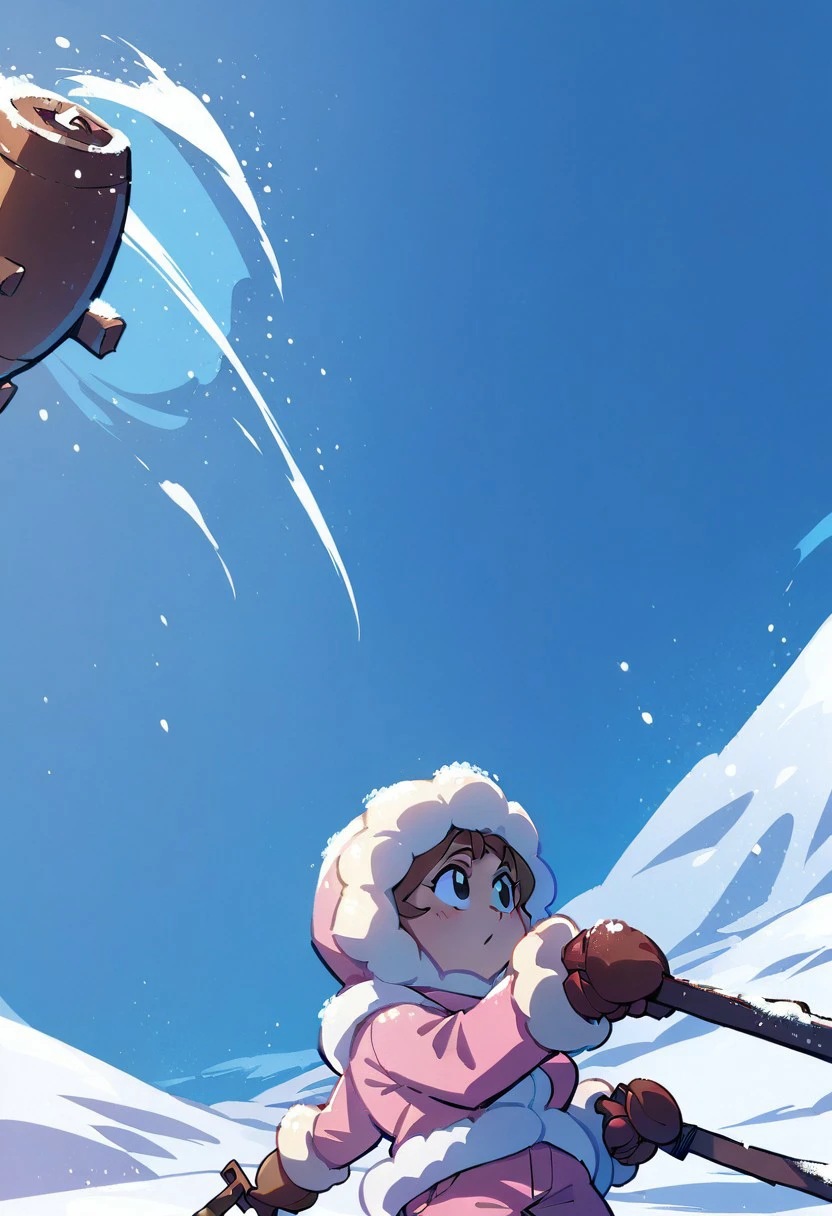 score_9, score_8_up, score_7_up, source_anime, icnana, snow, upper body, blue sky, weapon, brown gloves, fur-trimmed sleeves, brown mittens, shoes, pink pants, medium breasts