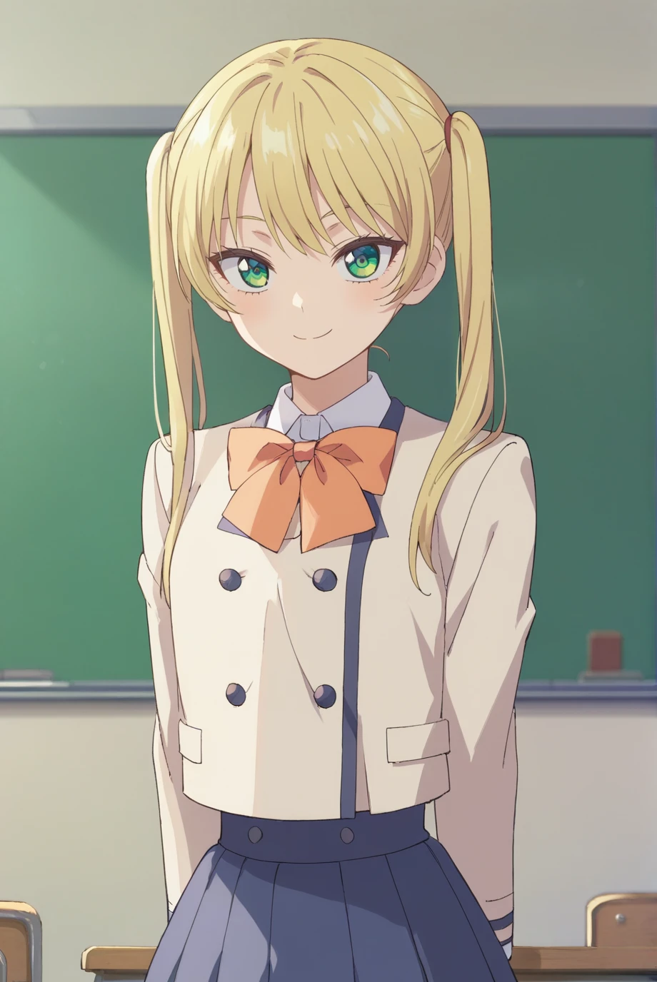 score_9, score_8_up, score_7_up, score_6_up, score_5_up, score_4_up, BREAK source_anime, 1girl, solo,
<lora:MirikiXL-v1-07:0.7>, ChopioMiriki, blonde hair, green eyes, looking at viewer,
long hair, twintails,
outfit_1, beige jacket, closed jacket, collared shirt, bowtie, cropped jacket, double-breasted, long sleeves, blue skirt, pleated skirt,
school, classroom, standing, smile, arms at sides,