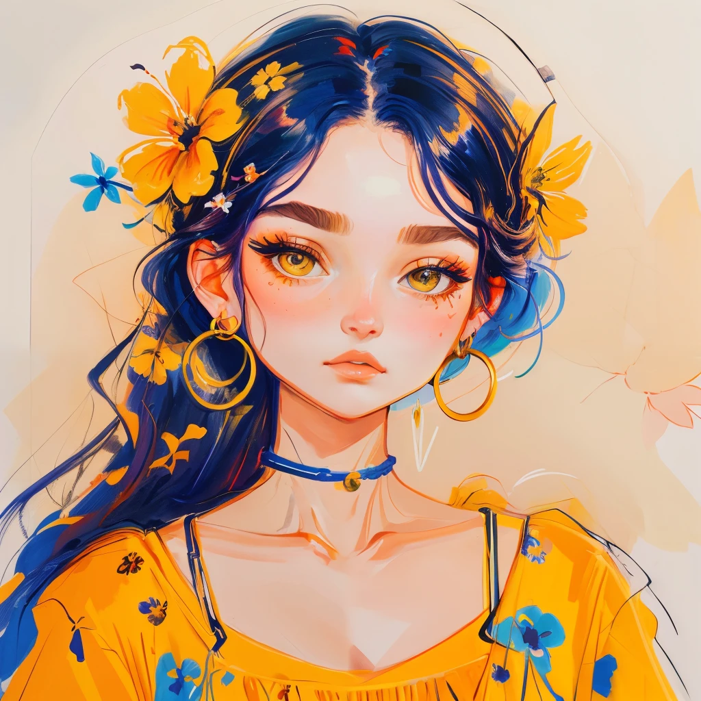 A vibrant gouache-style portrait of a serious woman with flowers in her hair, hoop earrings, and a yellow floral top.