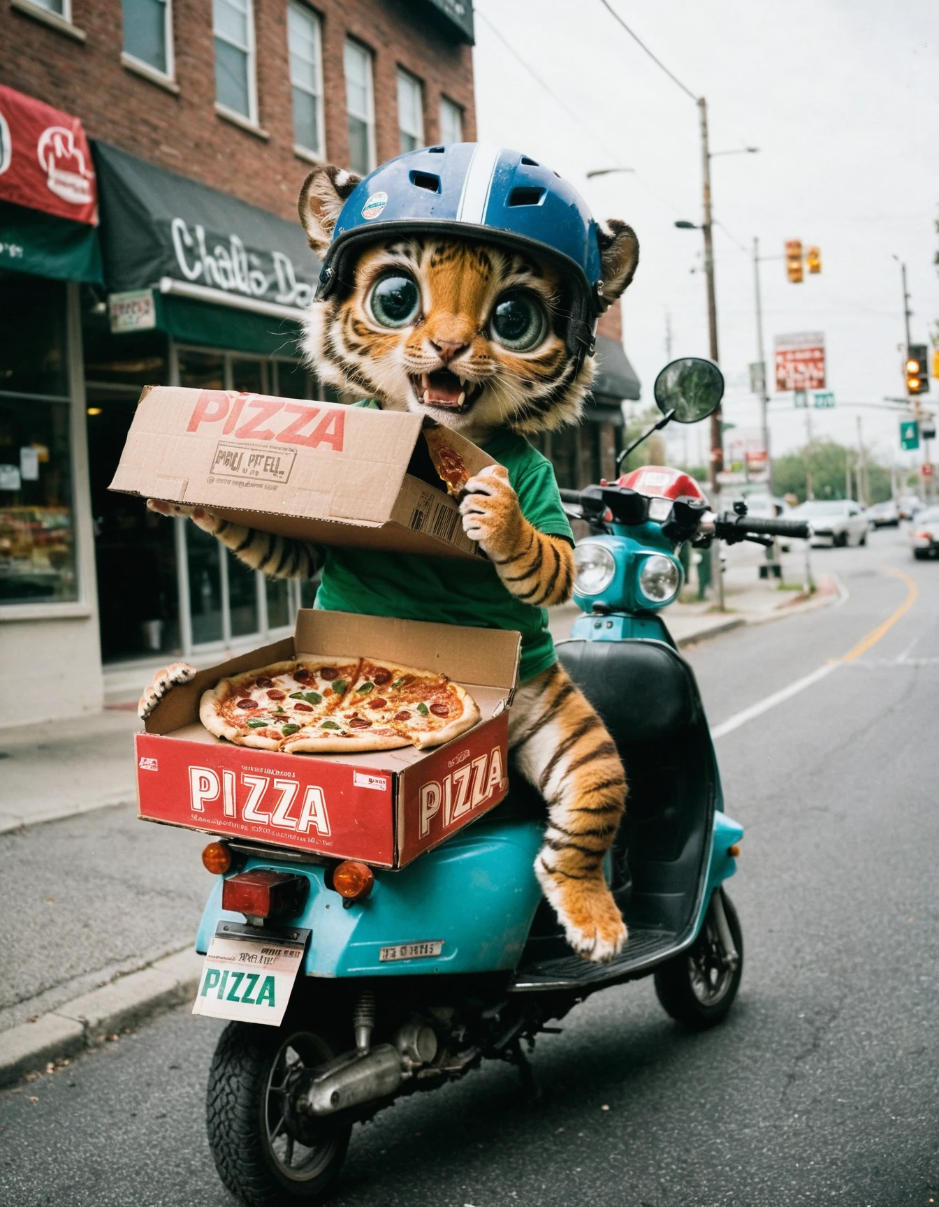 (chibi:1.2,anthro), a chibi anthro tiger riding a small blue scooter, helmet, city setting, delivering food, big eyes, bright green eyes, happy, teeth, fangs, high visibility clothing, clothed, pizza box, (high detail, film photography, RAW photo, analog style, absurd res, realistic, photo), food delivery, food on back of scooter,