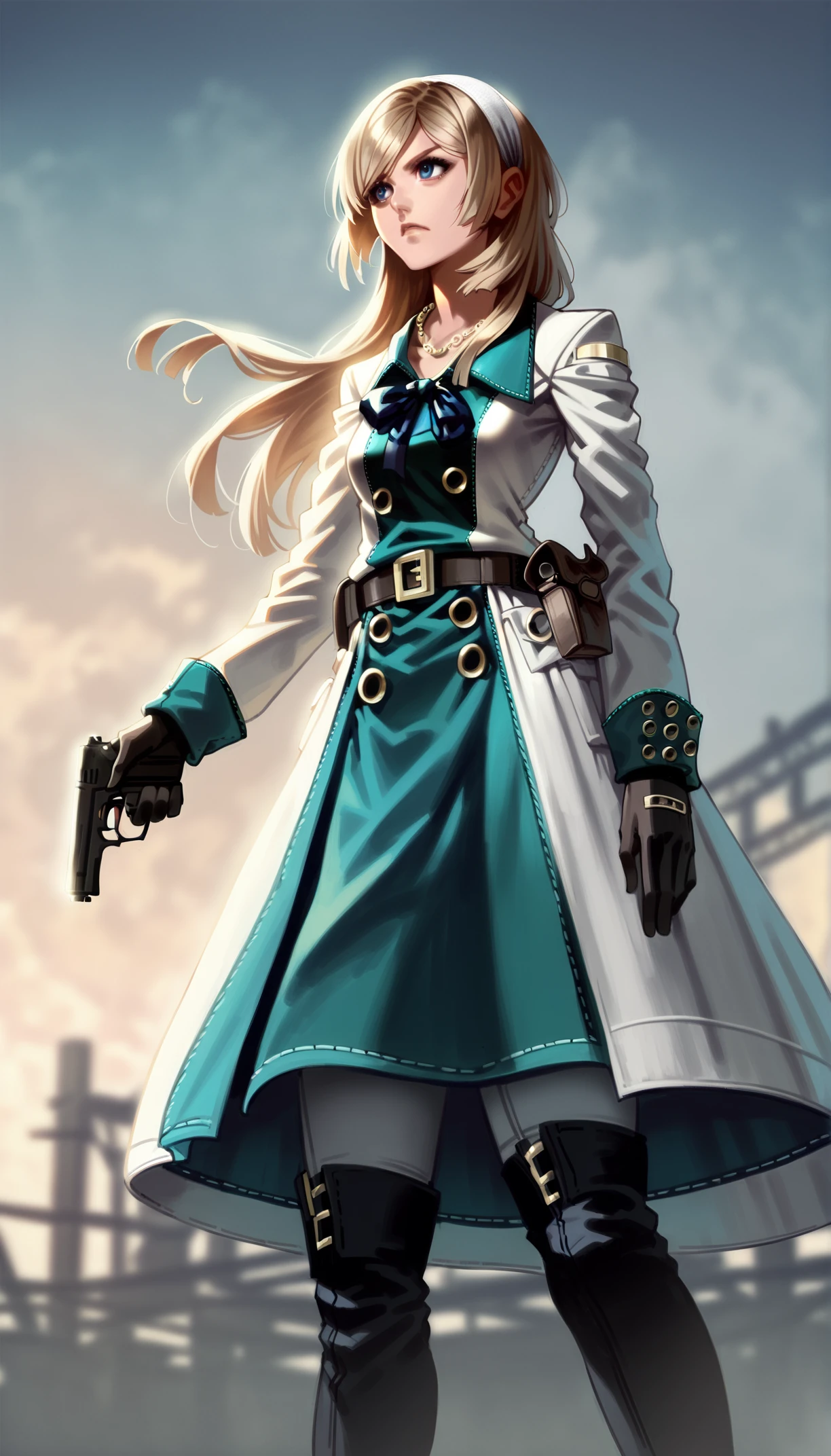 score_9,score_8_up,
(bloom:1.2),
<lora:leanne:1>,leanne,
1girl,solo,blonde hair,long hair,bangs,white hairband,dark blue neck ribbon,blue eyes,looking ahead,serious expression,white long coat with teal accents,victorian-inspired dress,necklace,brown belt,belt pouch,black gloves,black thigh boots,feet out of frame,cowboy shot,standing,holding a pistol,from below,outdoors,steampunk theme,industrial setting with large gears,sunset sky,glowing light effects,