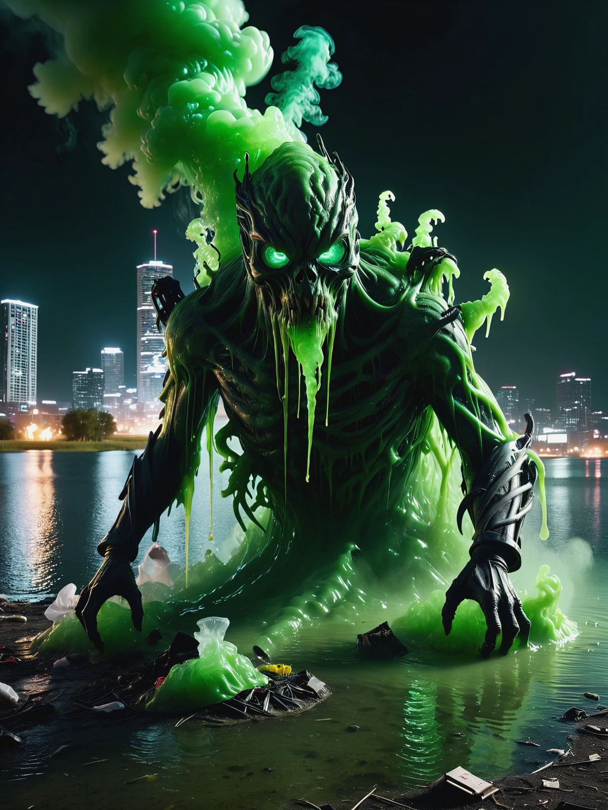 mad-txcsprt monster emerging out of polluted lake, (green goo, garbage:1.3), green smoke, night, cyberpunk cityscape, <lora:Neon_Cyberpunk_Toxic_Spirits_SDXL:0.6>, raw photo, film grain, (photorealistic, realistic:1.2), deep shadow, 8k, uhd, dslr, ultra high res
