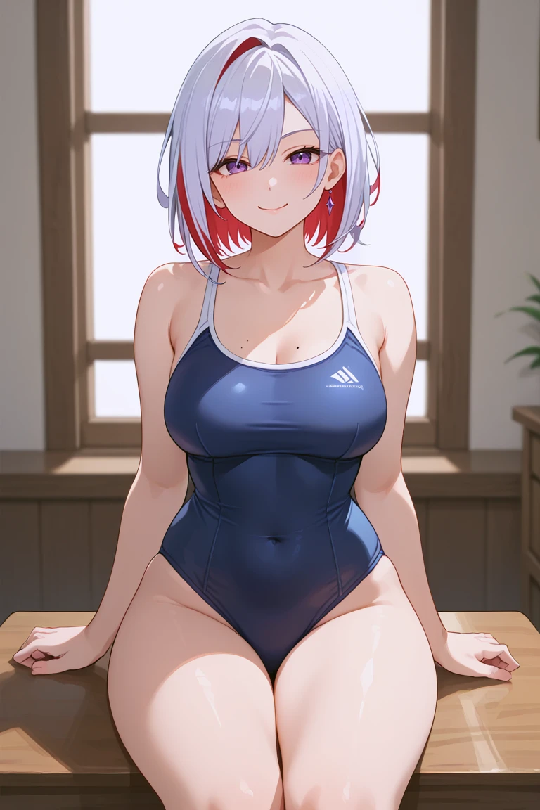 masterpiece,high quality,anime_source,score_9, score_8, best quality, high definition, highres, TopazBren, 1girl,purple eyes, white hair, mature female, blush, mole, two-tone hair, mole on thigh, medium hair, thighs, mole on breast,thicc, large thigs, sitting, bare, bare shoulders, bare thighs, medium breasts, smug, smile, :), swimsuit, blue swimsuit, school_swimsuit<lora:EMS-384508-EMS:0.500000>, <lora:EMS-430146-EMS:0.800000>