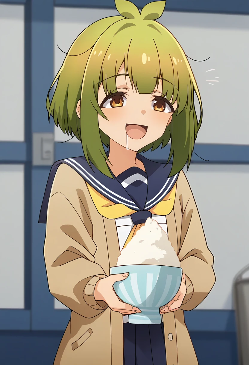 score_9, score_8_up, score_7_up, source_anime, masterpiece, 1girl, ct_bashame, brown cardigan, puffy sleeves, serafuku, blue sailor collar, yellow neckerchief, blue miniskirt, leg warmers, holding rice bowl, drool, happy, indoors, depth of field, portrait, shiny skin,  <lora:Bashame_Meme_pony_ct_ver2:1>