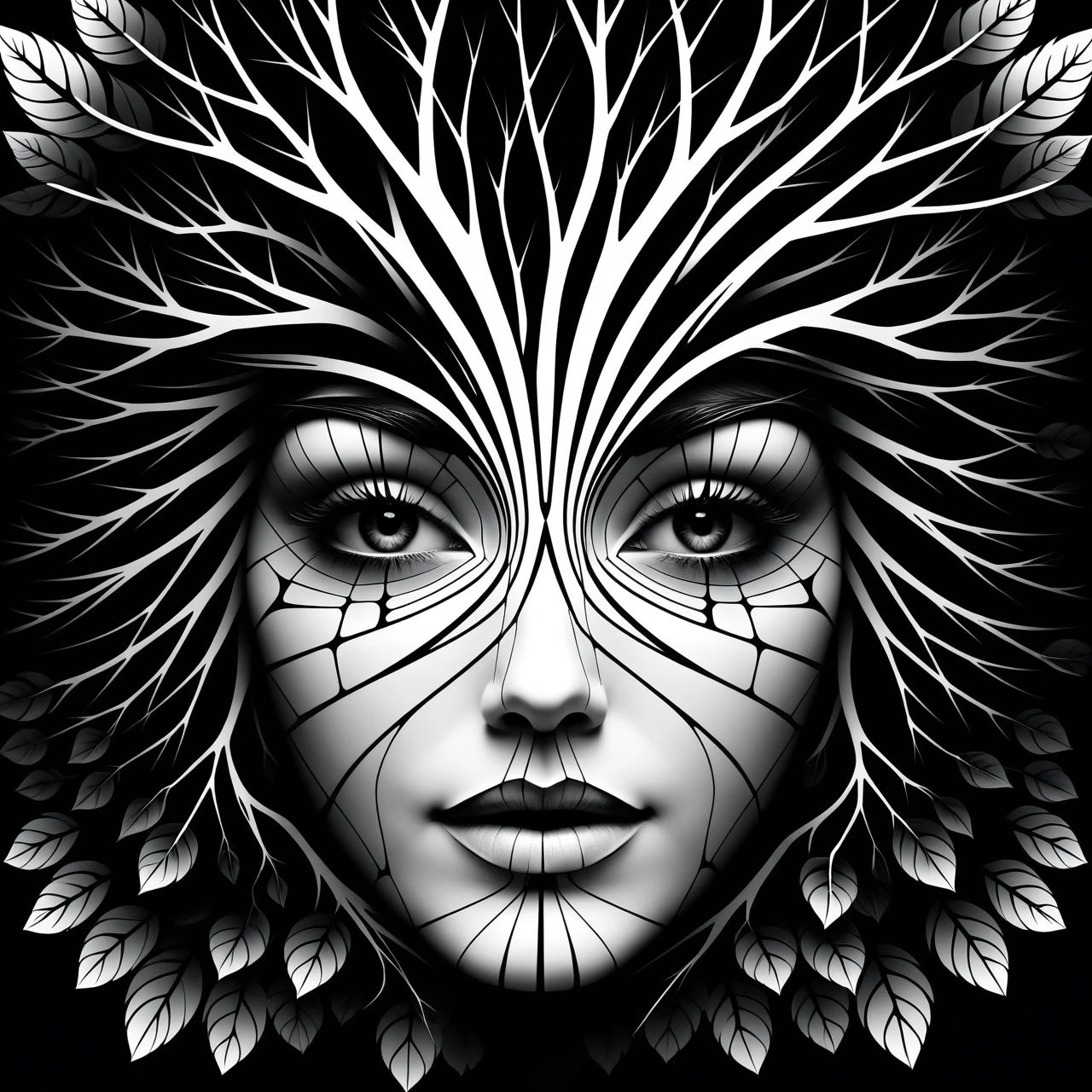 tree face, monochrome, art generative, computer art, geometric art